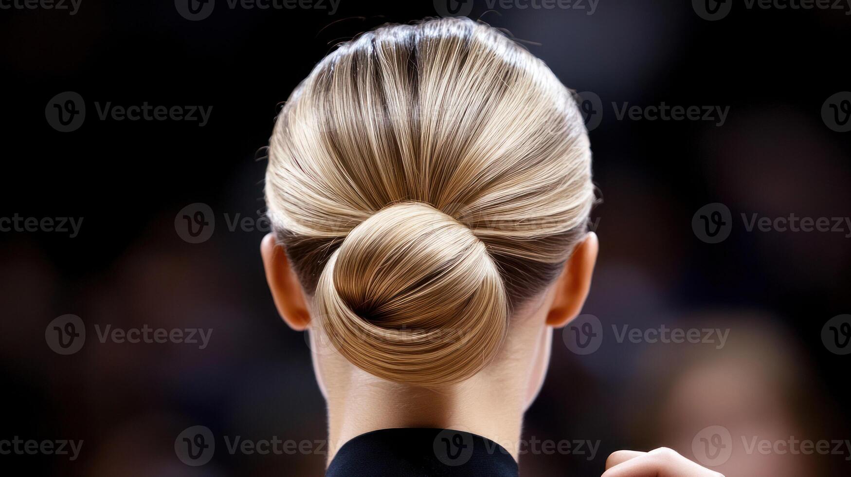 A sleek, elegant hair bun showcased from behind in a stylish setting. photo