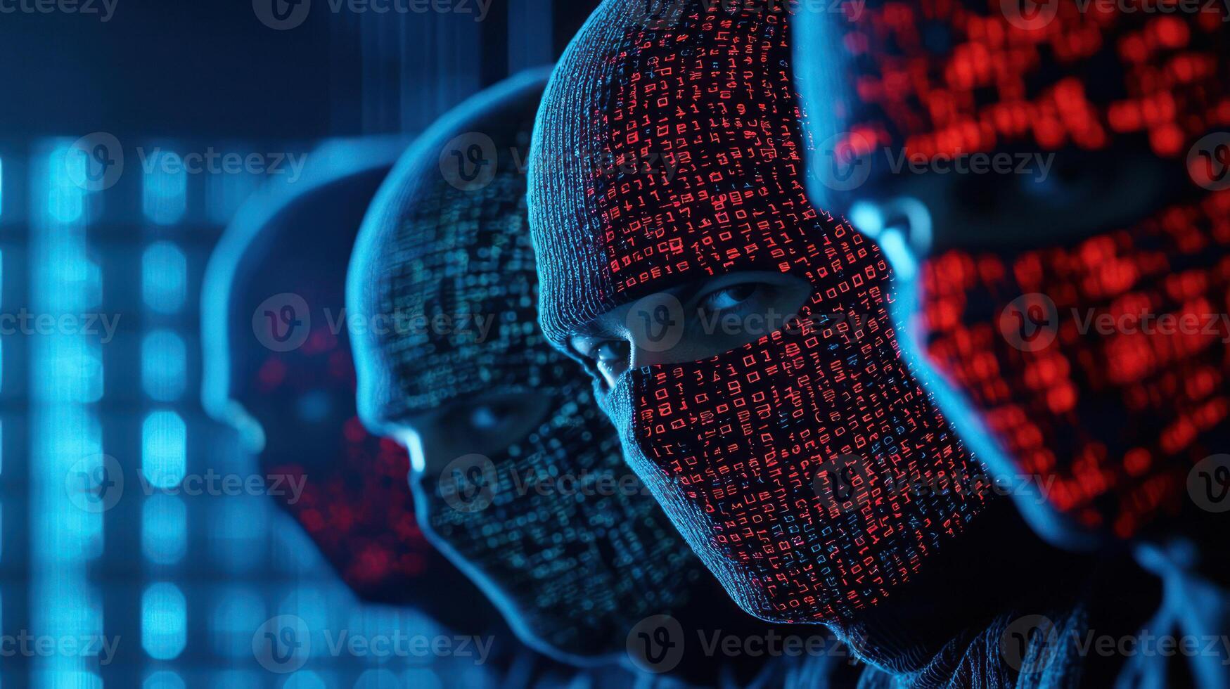 A group of masked figures in a digital, high-tech environment. photo