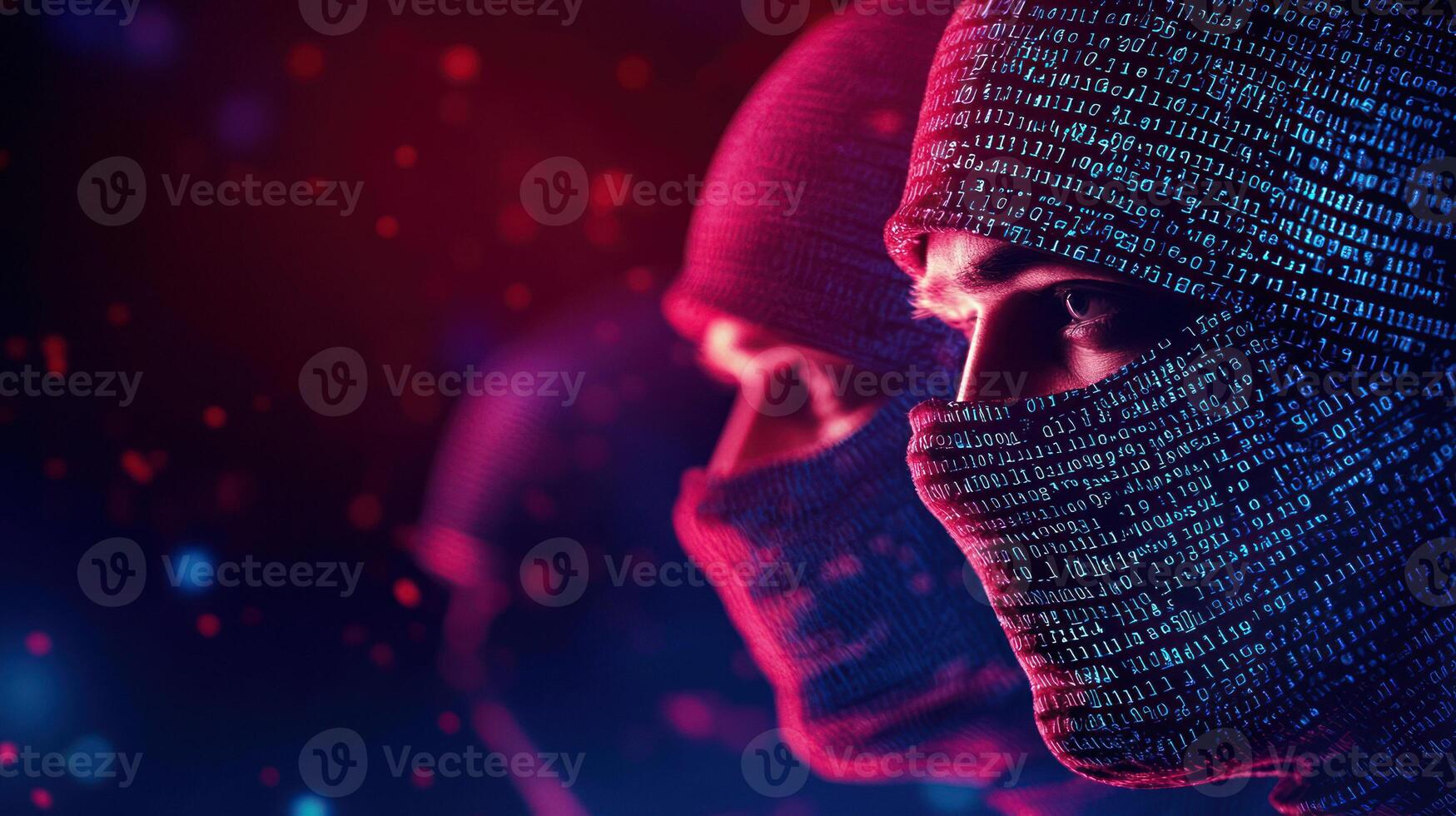 Mysterious figures in masks with binary code against a dark backdrop. photo