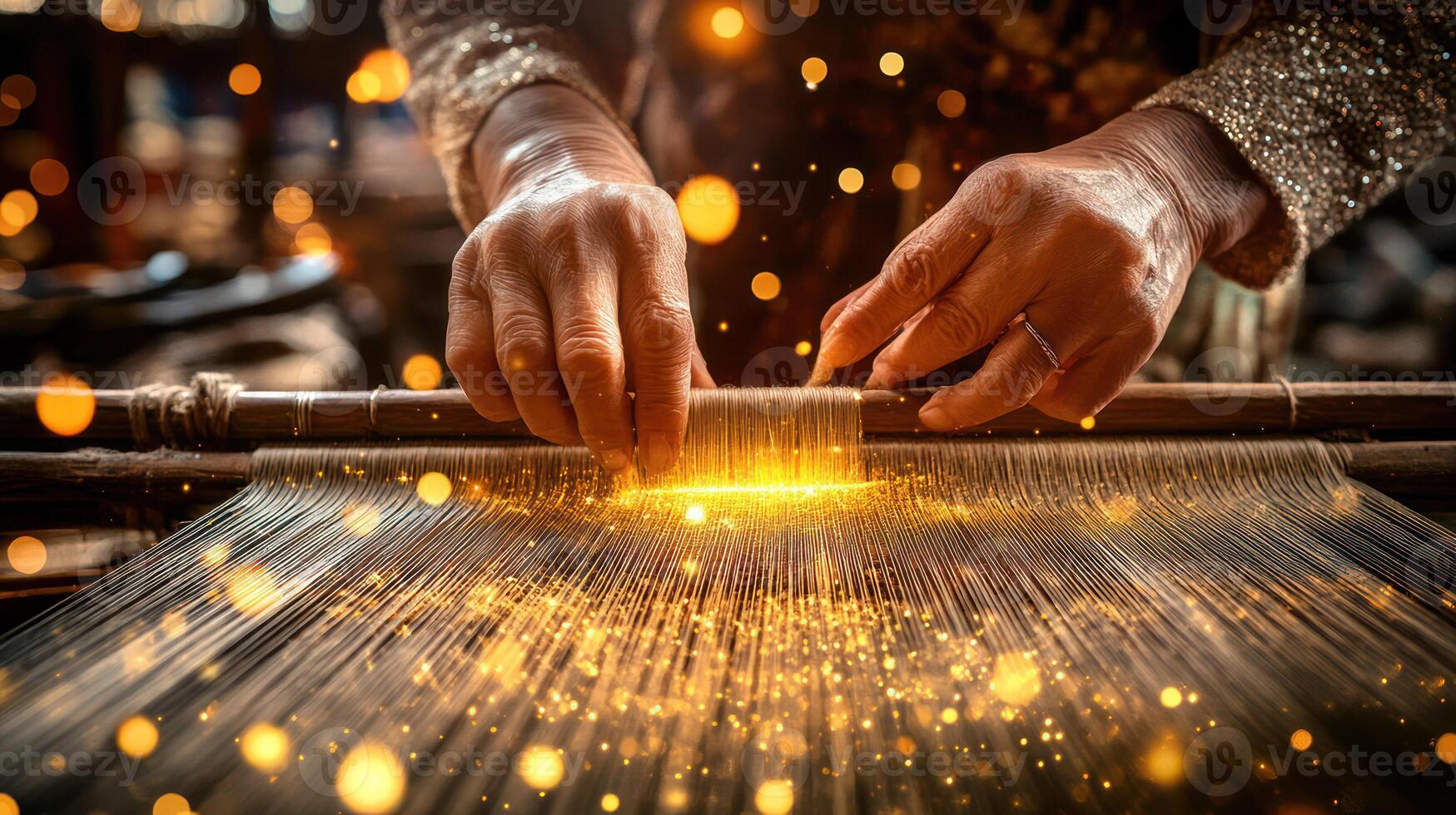 Hands skillfully weave threads on a loom, surrounded by glowing particles. photo