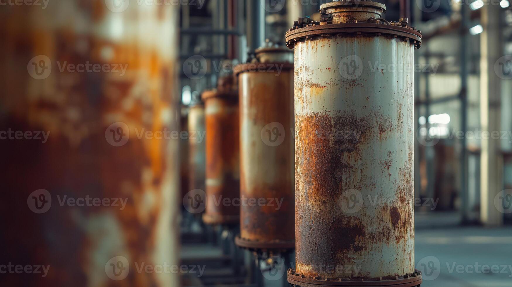 A close-up of aged, rusted metal cylinders in an industrial setting. photo