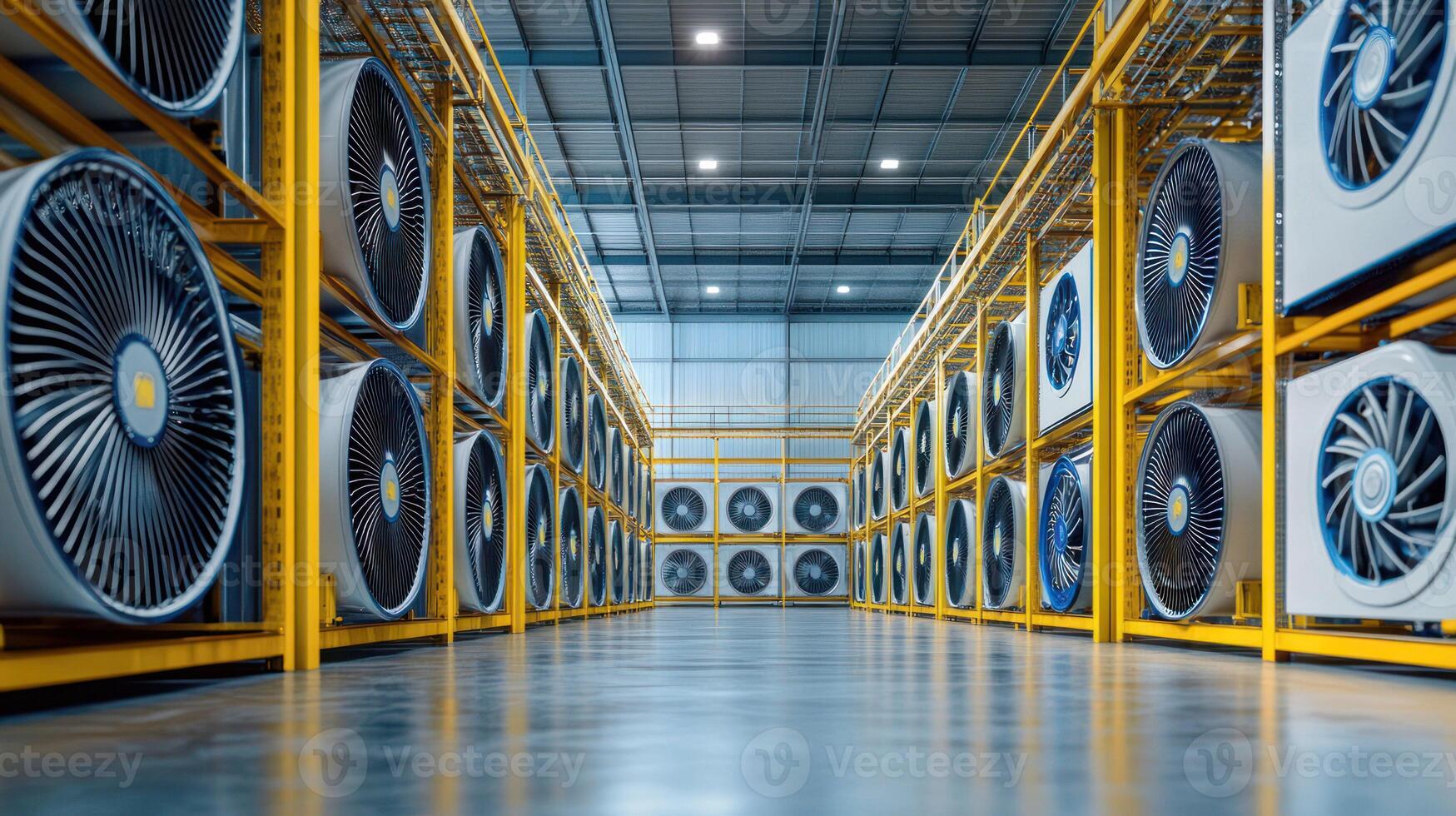 A spacious industrial warehouse filled with large air conditioning units. photo