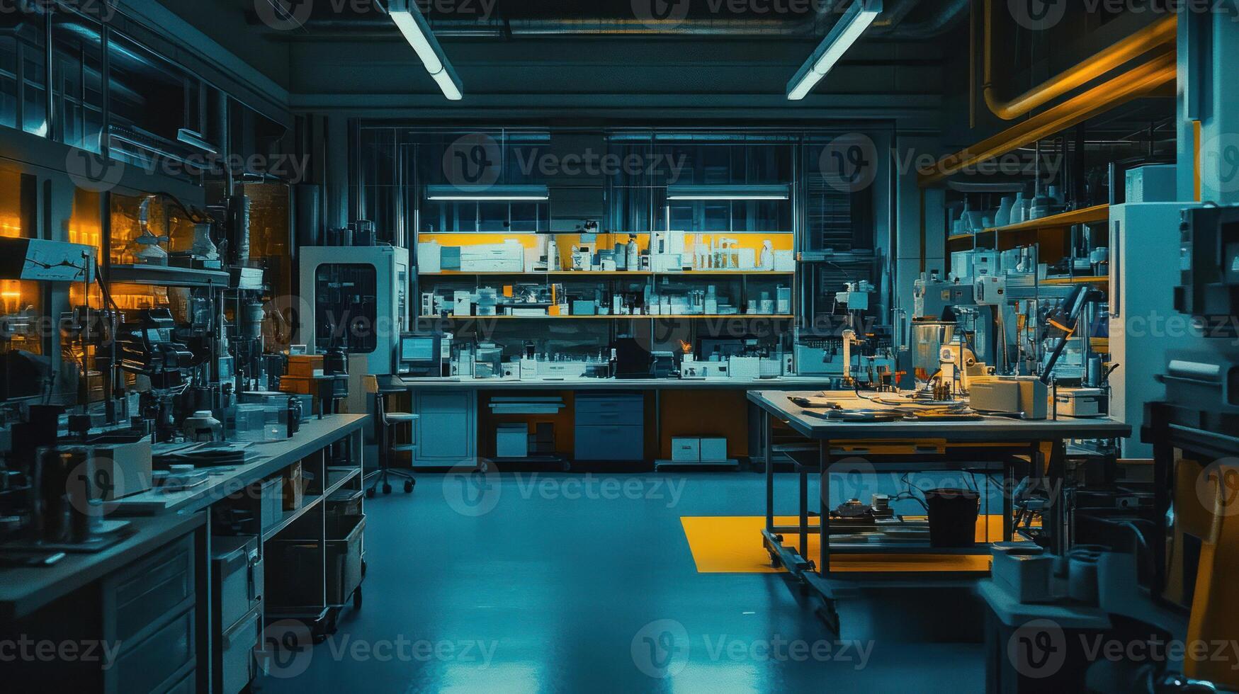 A modern laboratory workspace illuminated with bright fluorescent lights. photo