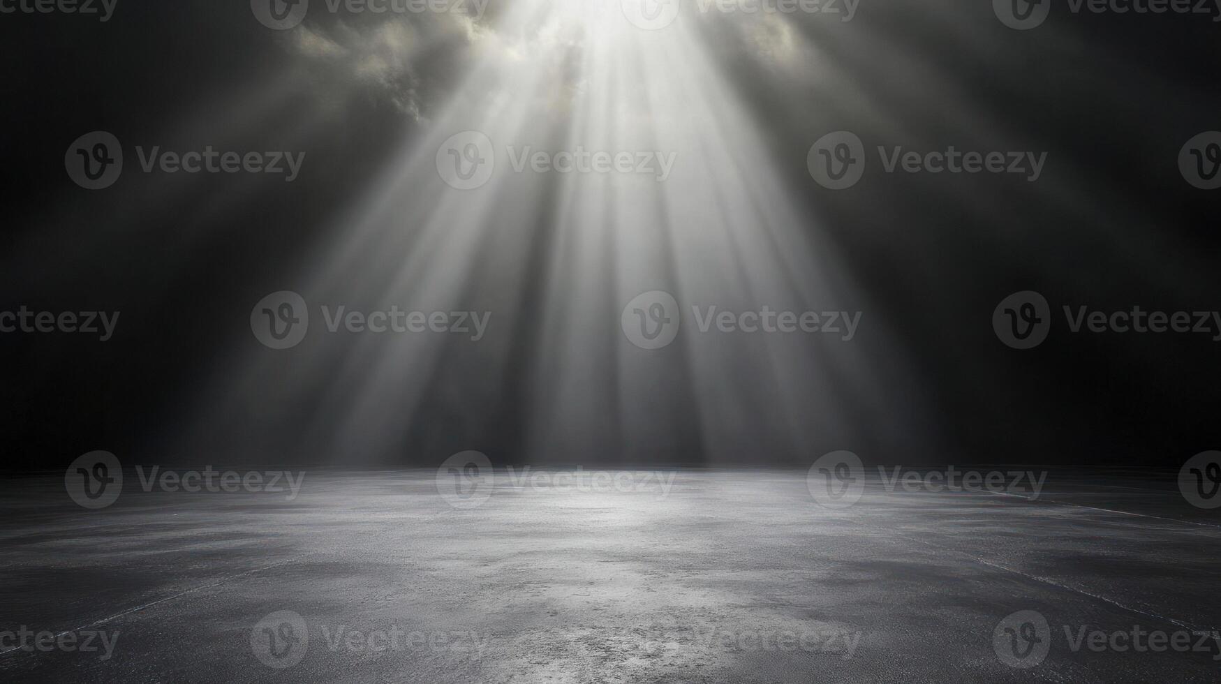 A dramatic scene with light beams breaking through dark clouds. photo