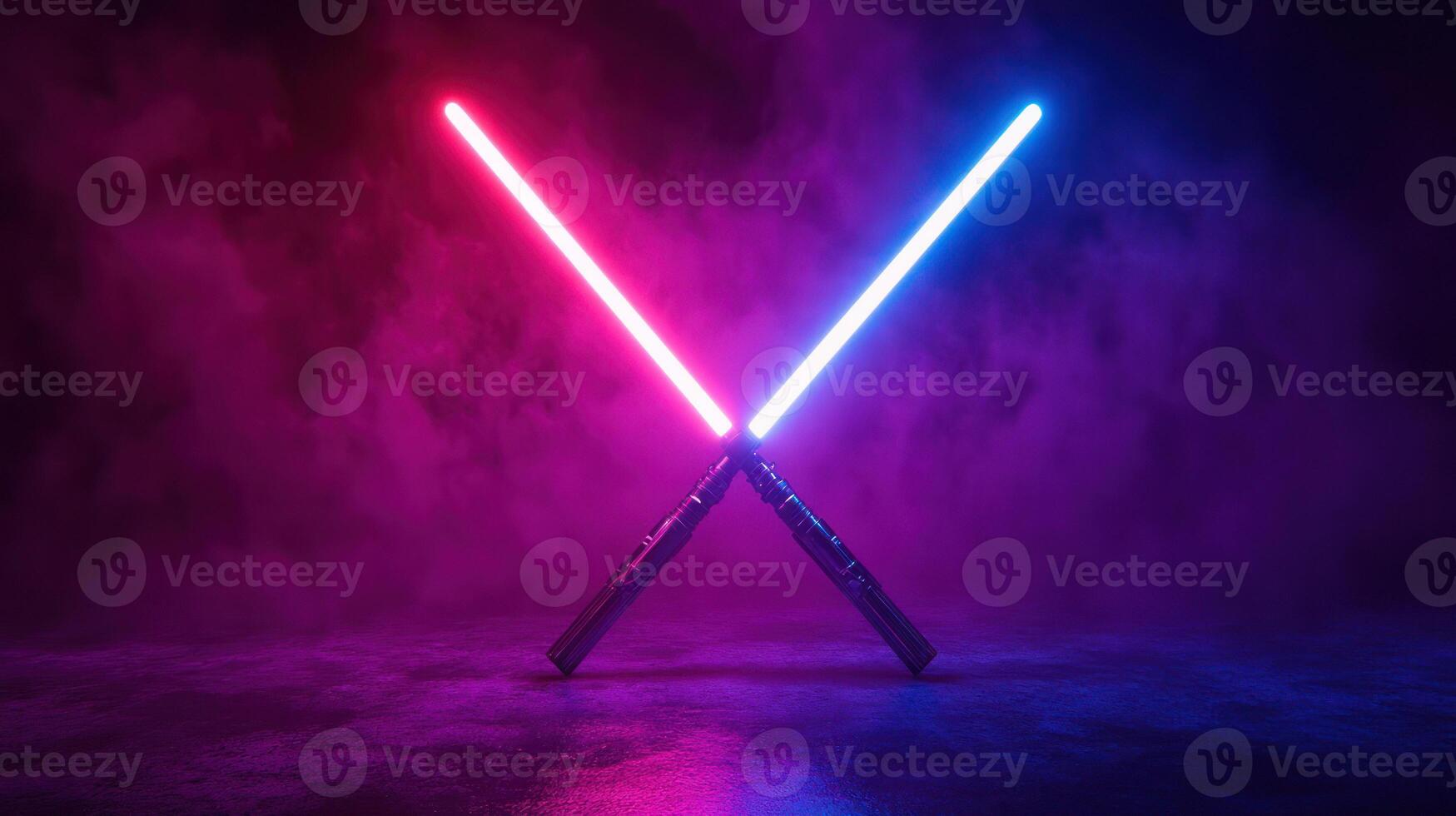 Crossed glowing lightsabers in a vibrant, smoky atmosphere. photo