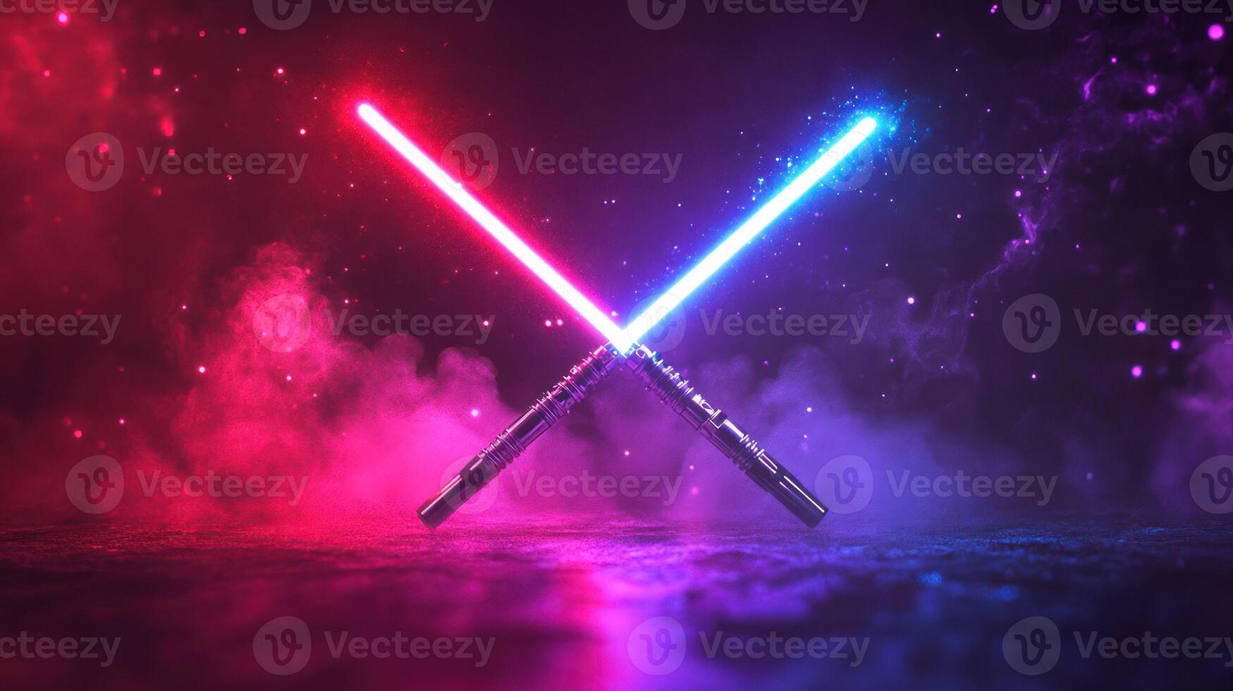 Two glowing lightsabers crossed in a colorful cosmic setting. photo