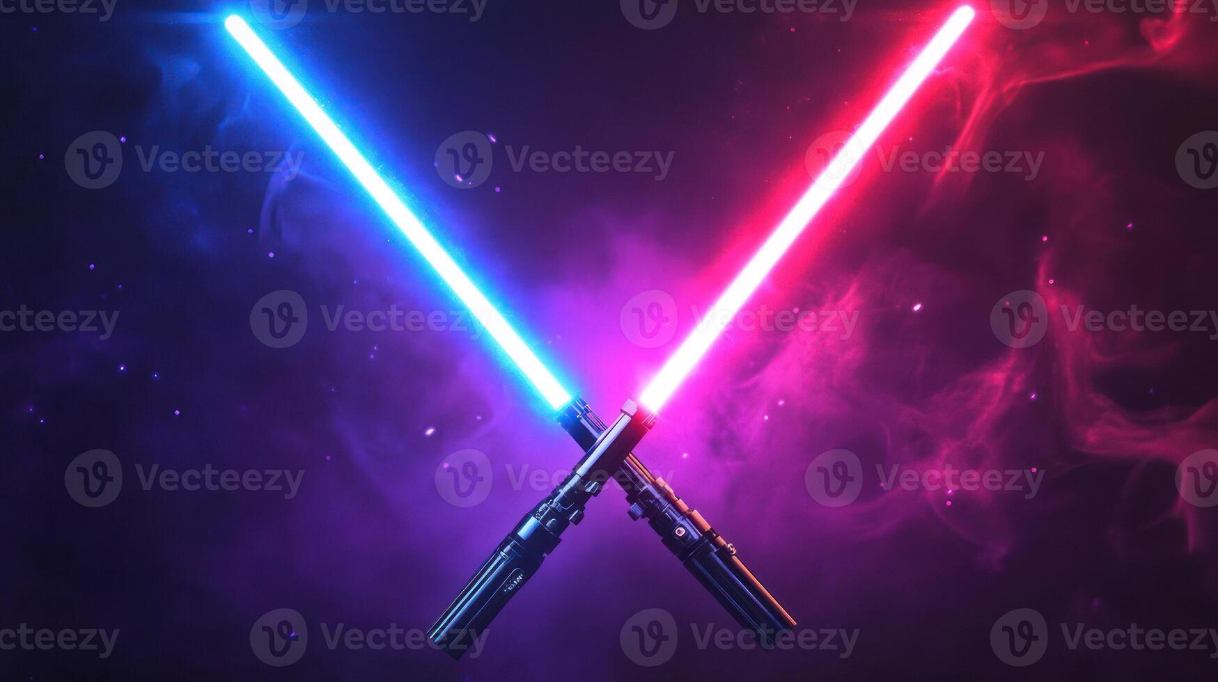 Two glowing lightsabers crossed in a dramatic, colorful backdrop. photo