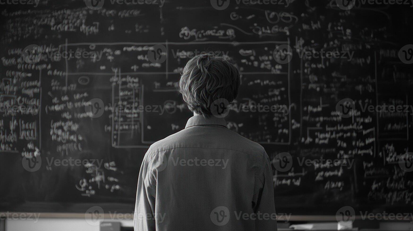 A man contemplates complex equations on a chalkboard. photo