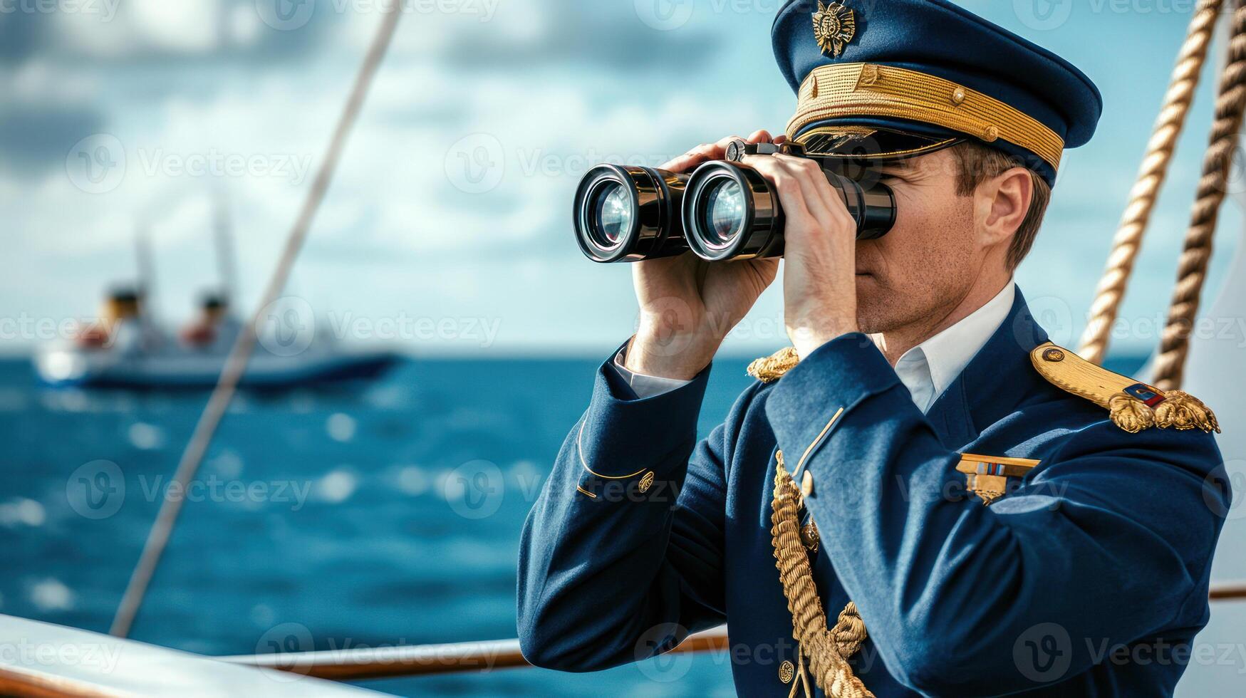 A naval officer surveys the ocean with binoculars on a ship. photo