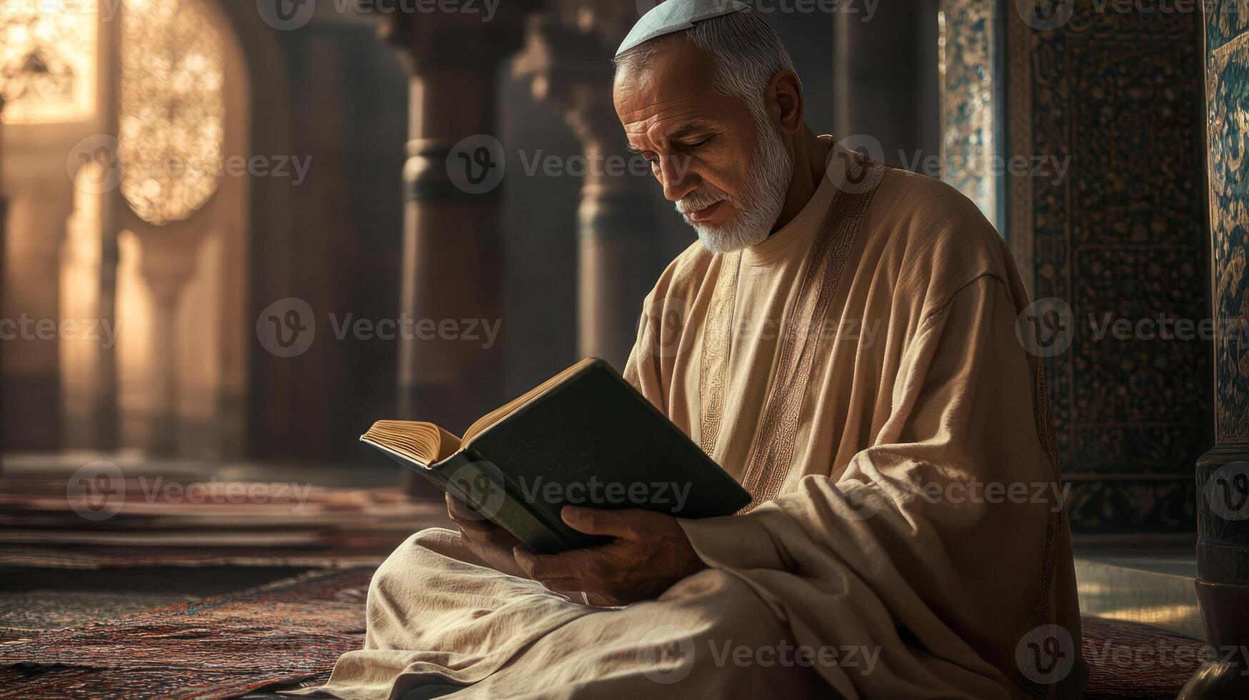 An elderly man reading in a tranquil mosque, embodying spirituality. photo