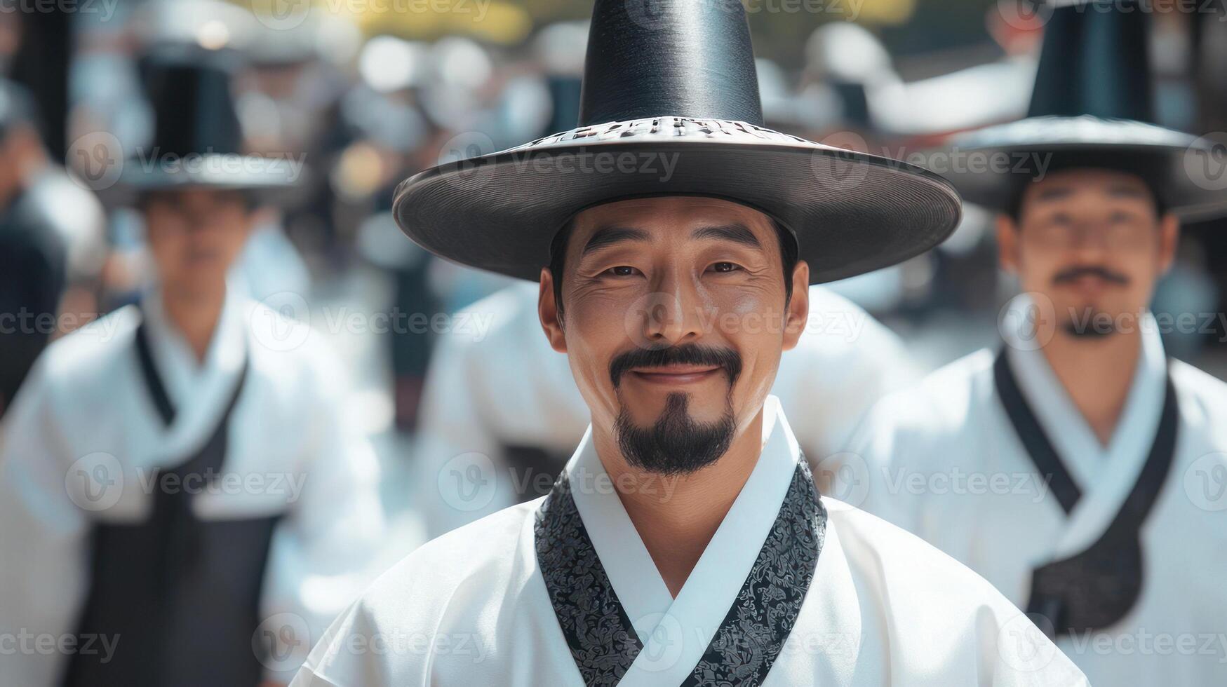 A smiling man in traditional hanbok among a joyful crowd outdoors. photo