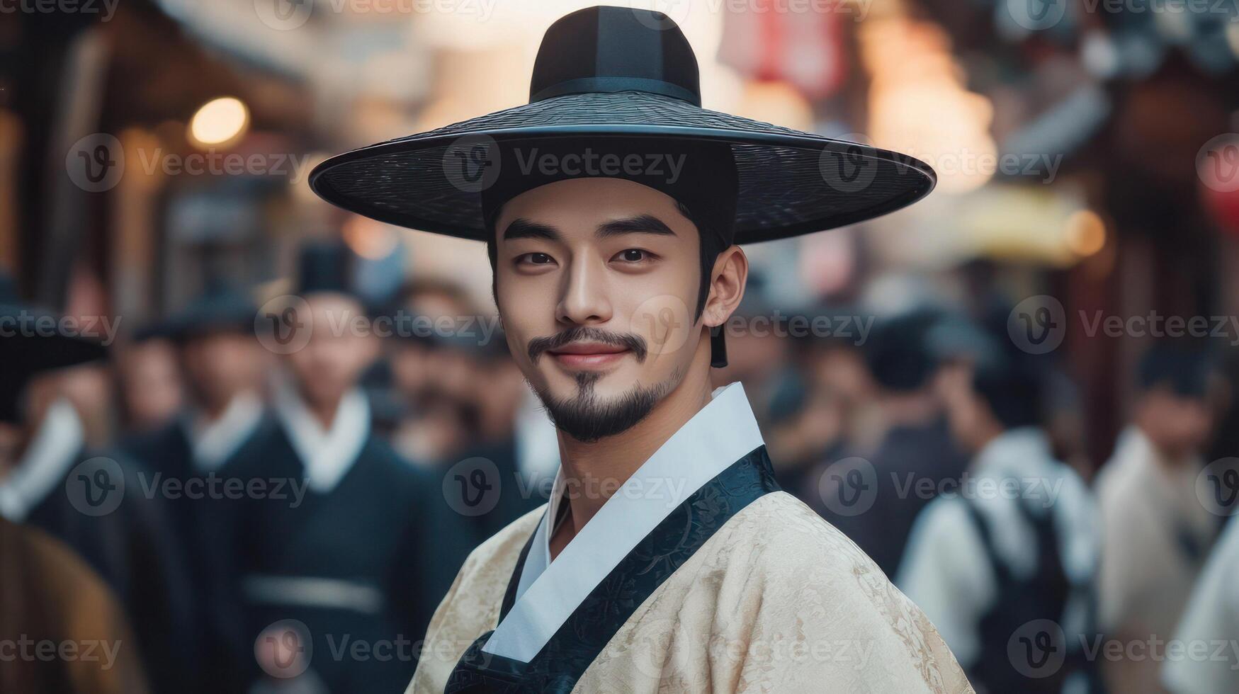 A smiling man in traditional attire in a bustling street scene. photo