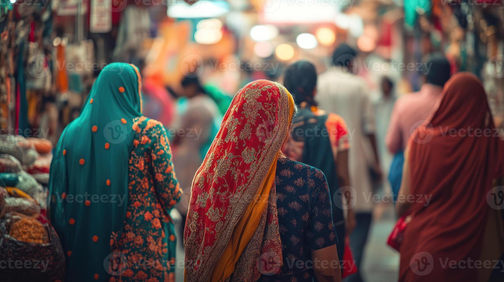 A vibrant market scene showcasing women in traditional attire. photo