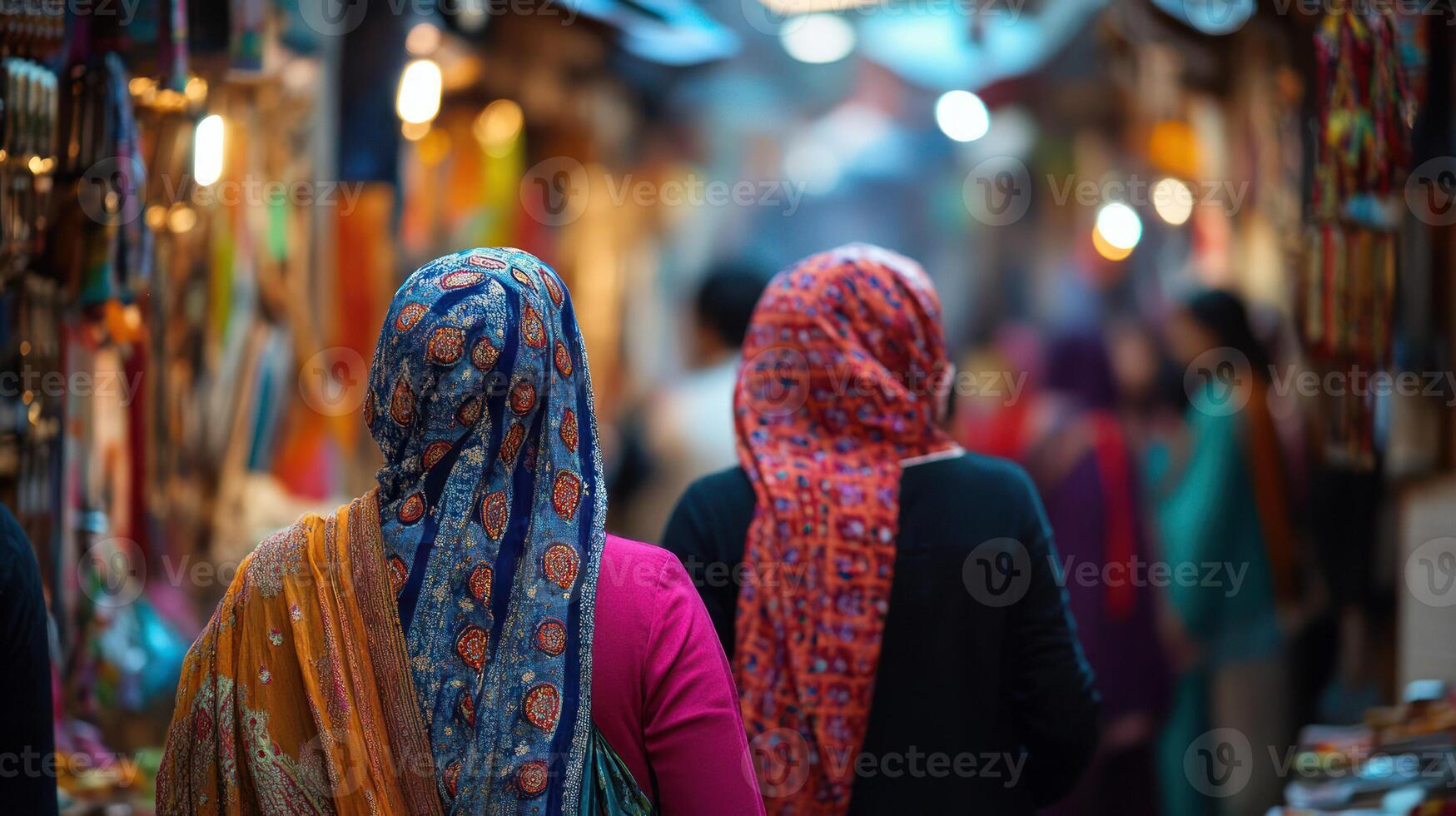 Women in colorful scarves exploring a vibrant market atmosphere. photo
