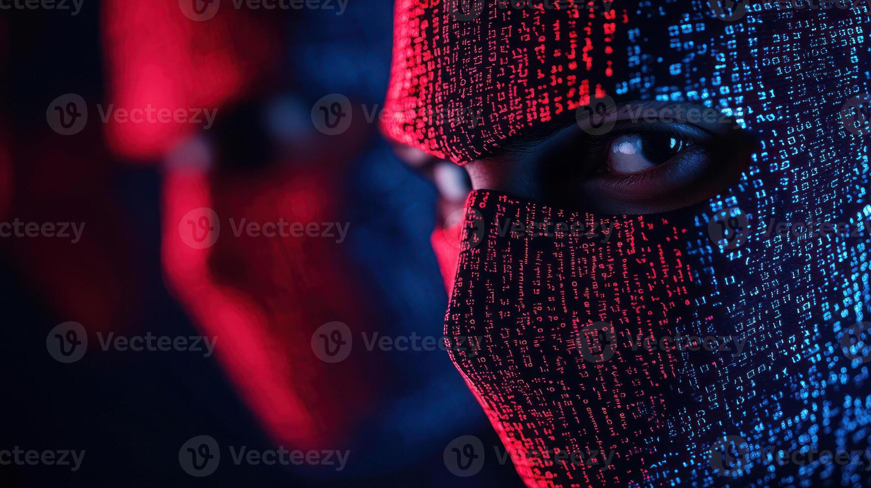 Masked figures with digital patterns evoke mystery and cyber intrigue. photo