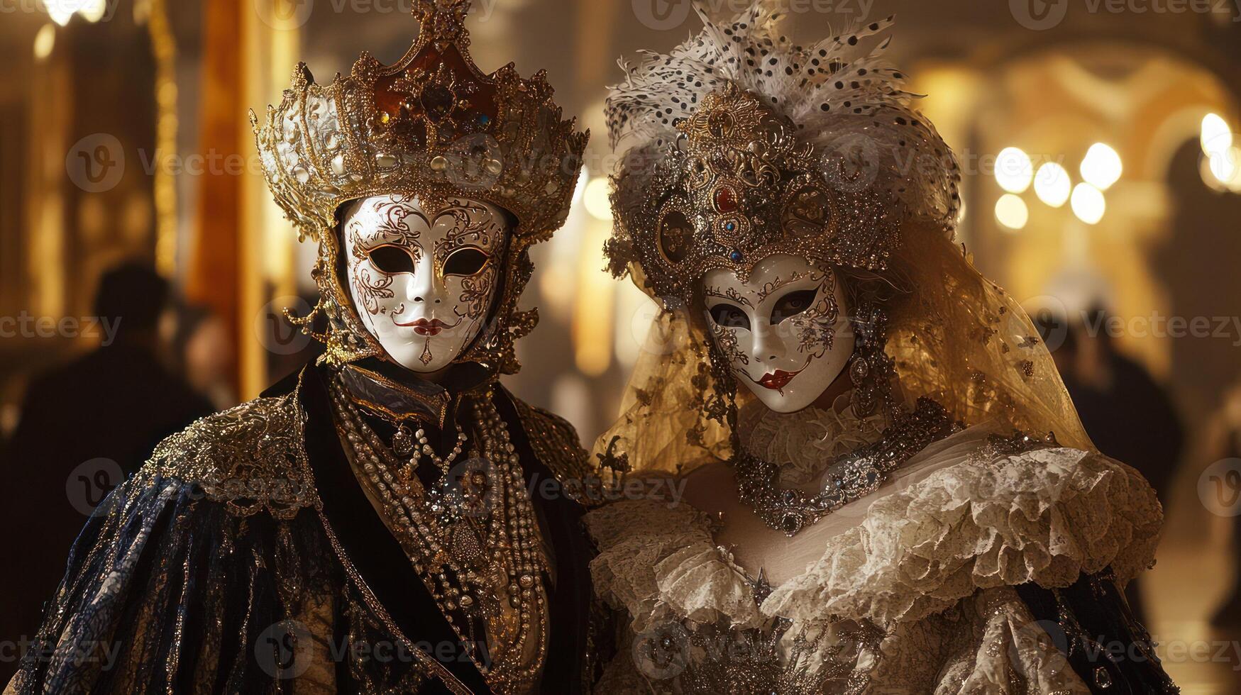 A stunning couple in ornate masks and elegant costumes at a grand masquerade. photo