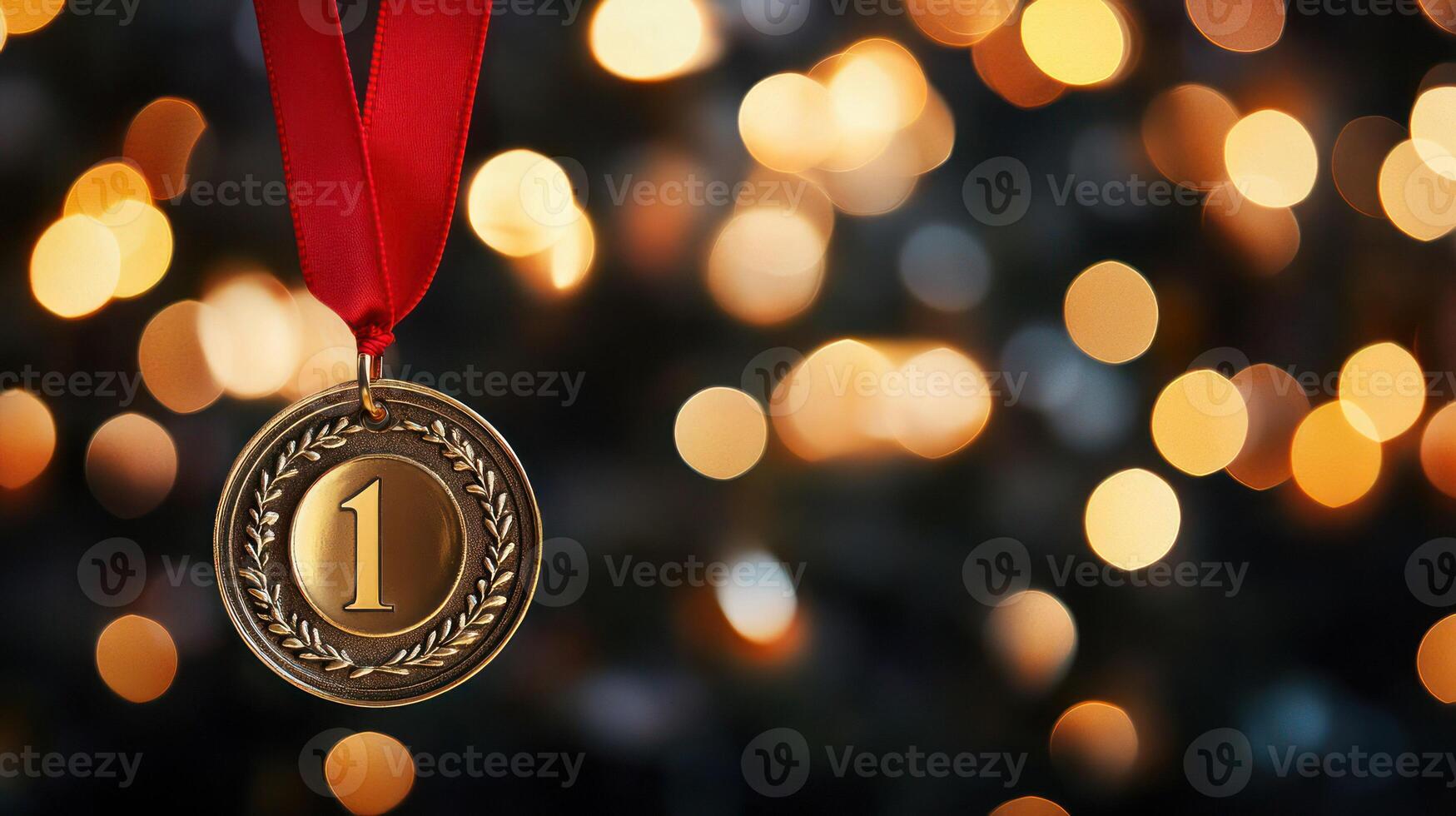 A gold medal with a ribbon against a backdrop of glowing lights. photo
