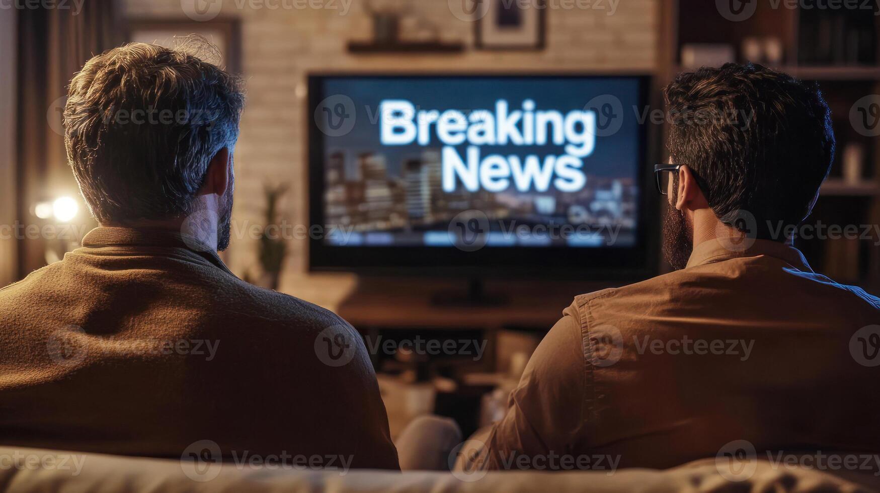 Two men watching breaking news on a TV in a cozy living room. photo