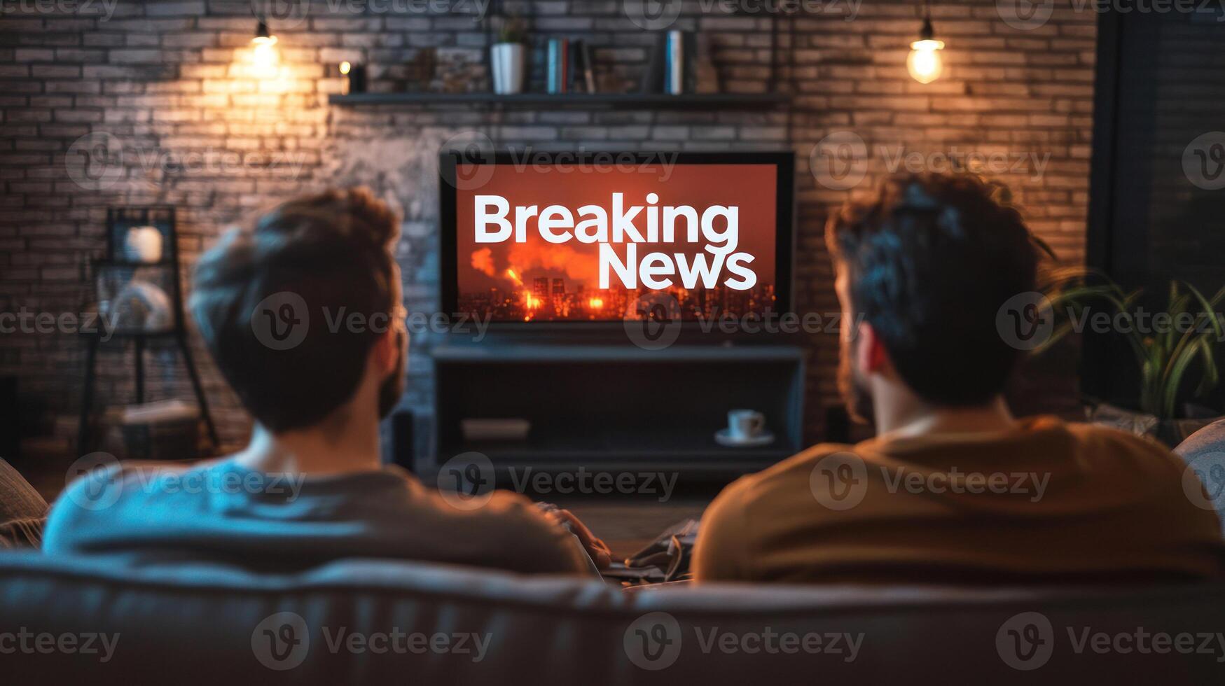Two friends watch breaking news on TV in a cozy living room. photo