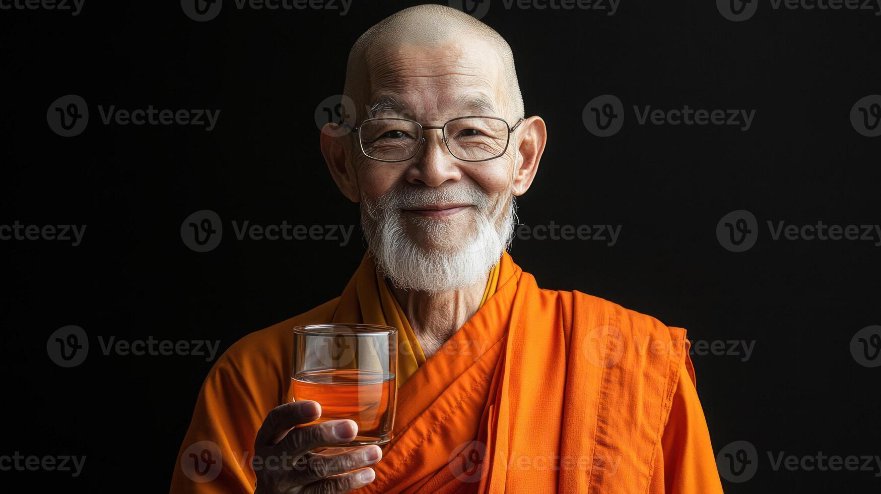 A smiling elderly monk holding a glass, radiating calm and serenity. photo