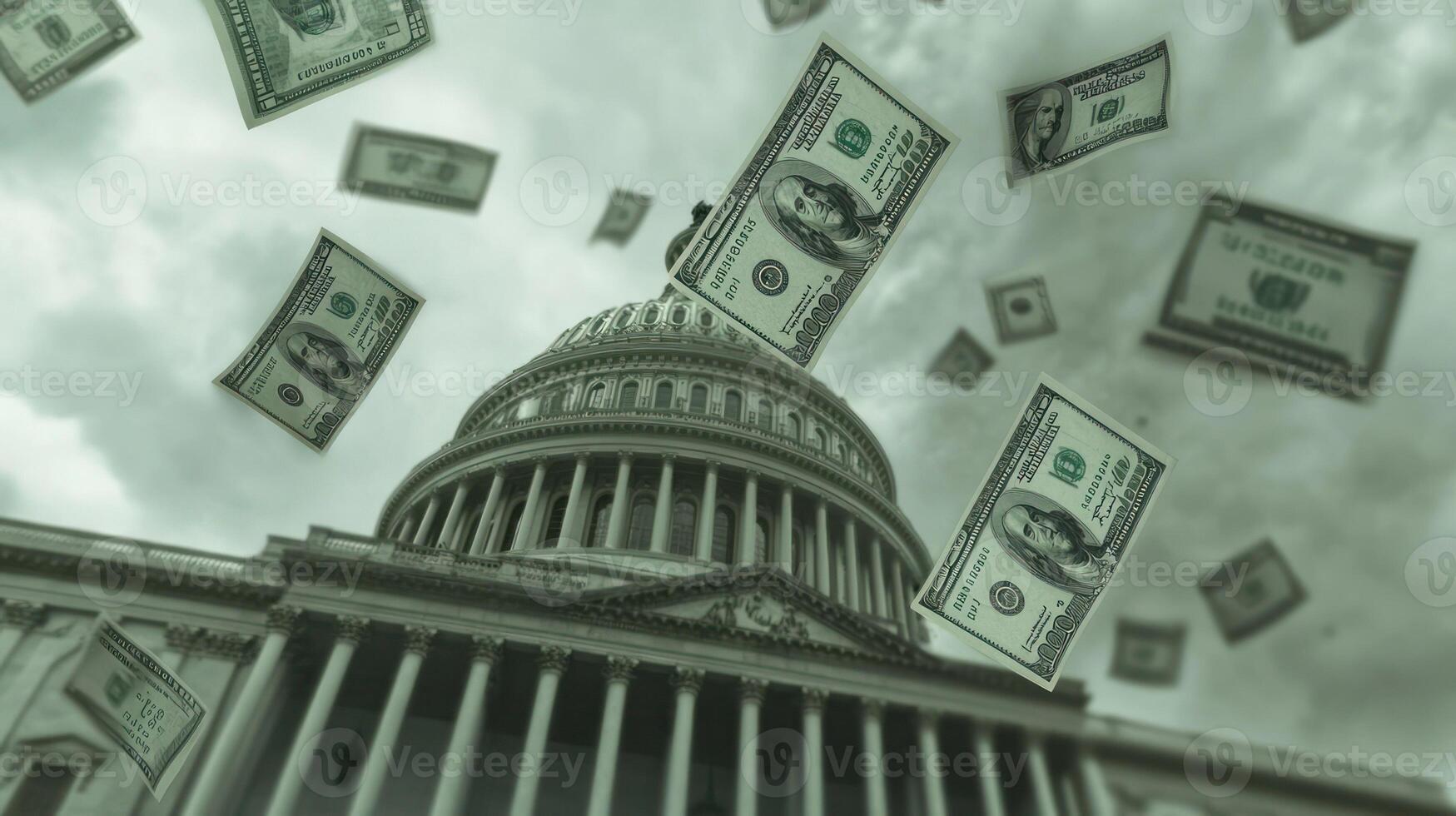 Cash raining down around the US Capitol, symbolizing finance and power. photo