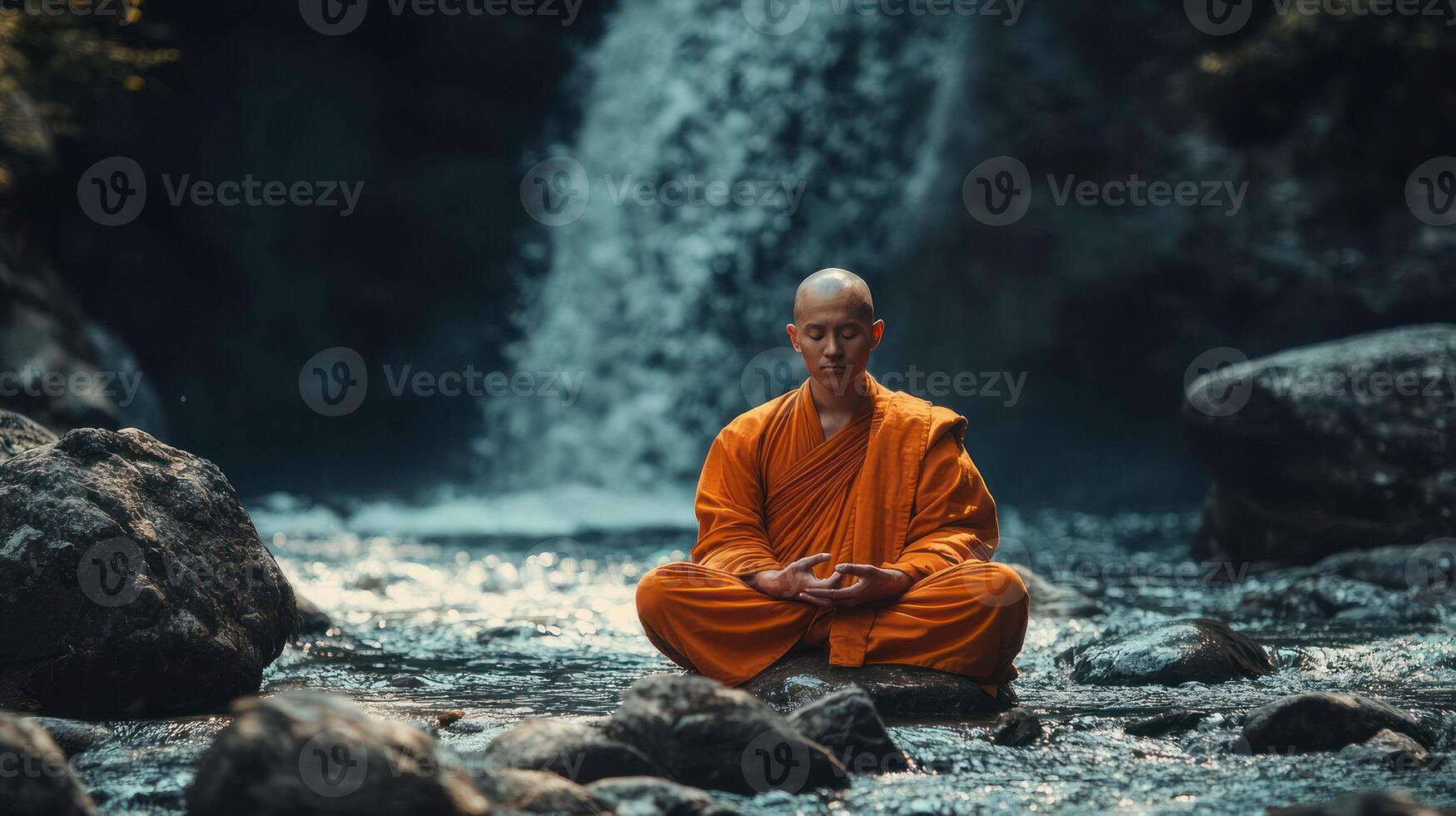 A monk in an orange robe meditates by a tranquil waterfall. photo