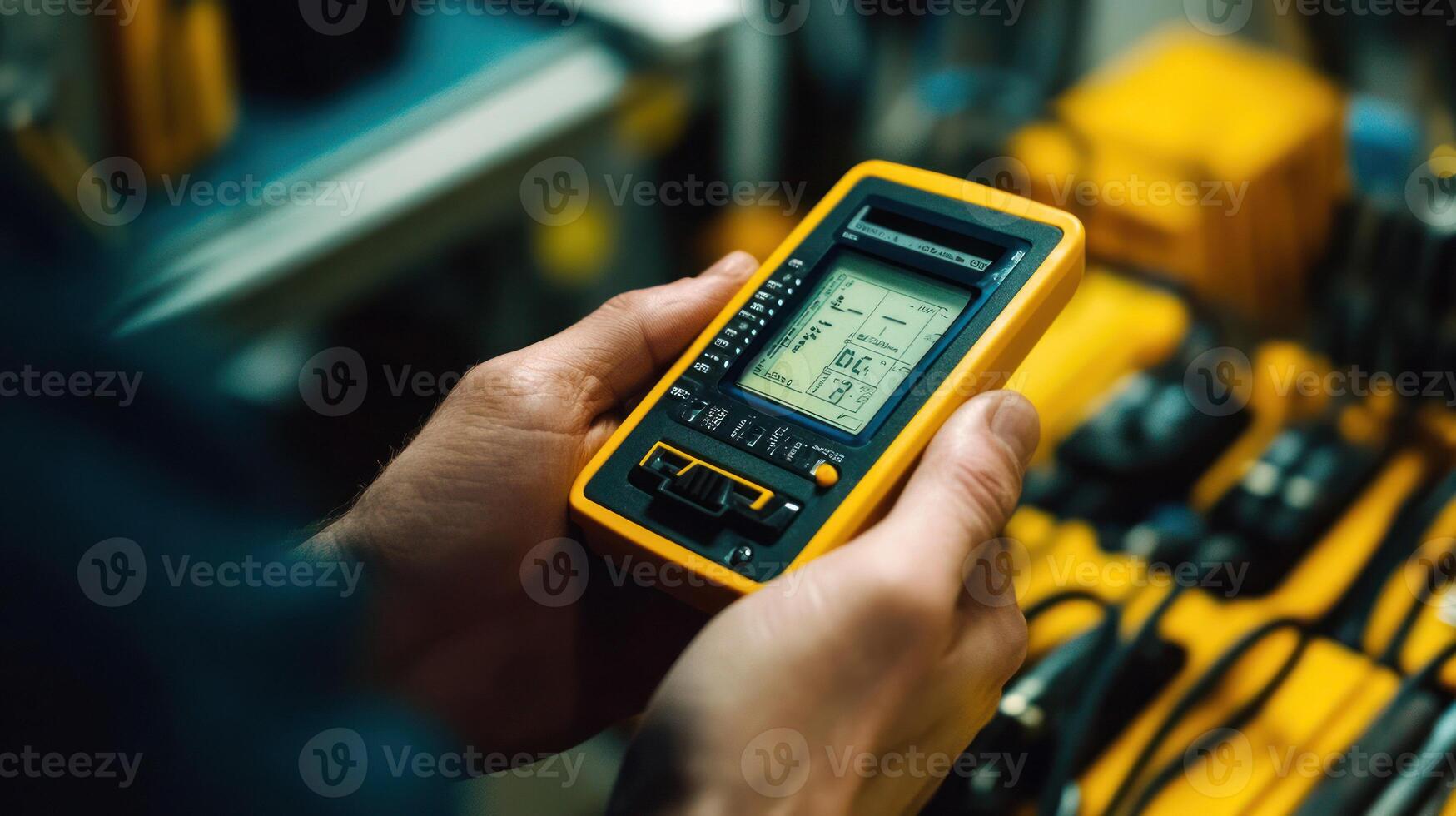 A technician holds a yellow multimeter while checking measurements. photo