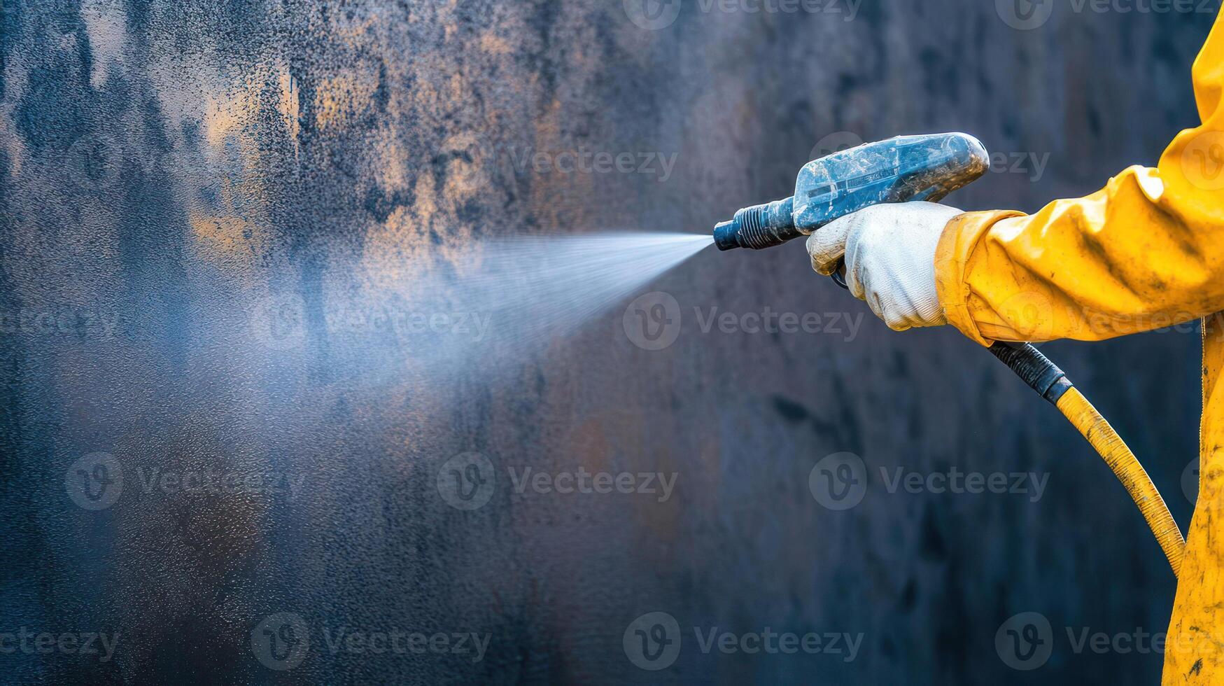 A worker using a paint sprayer on a textured black surface. photo