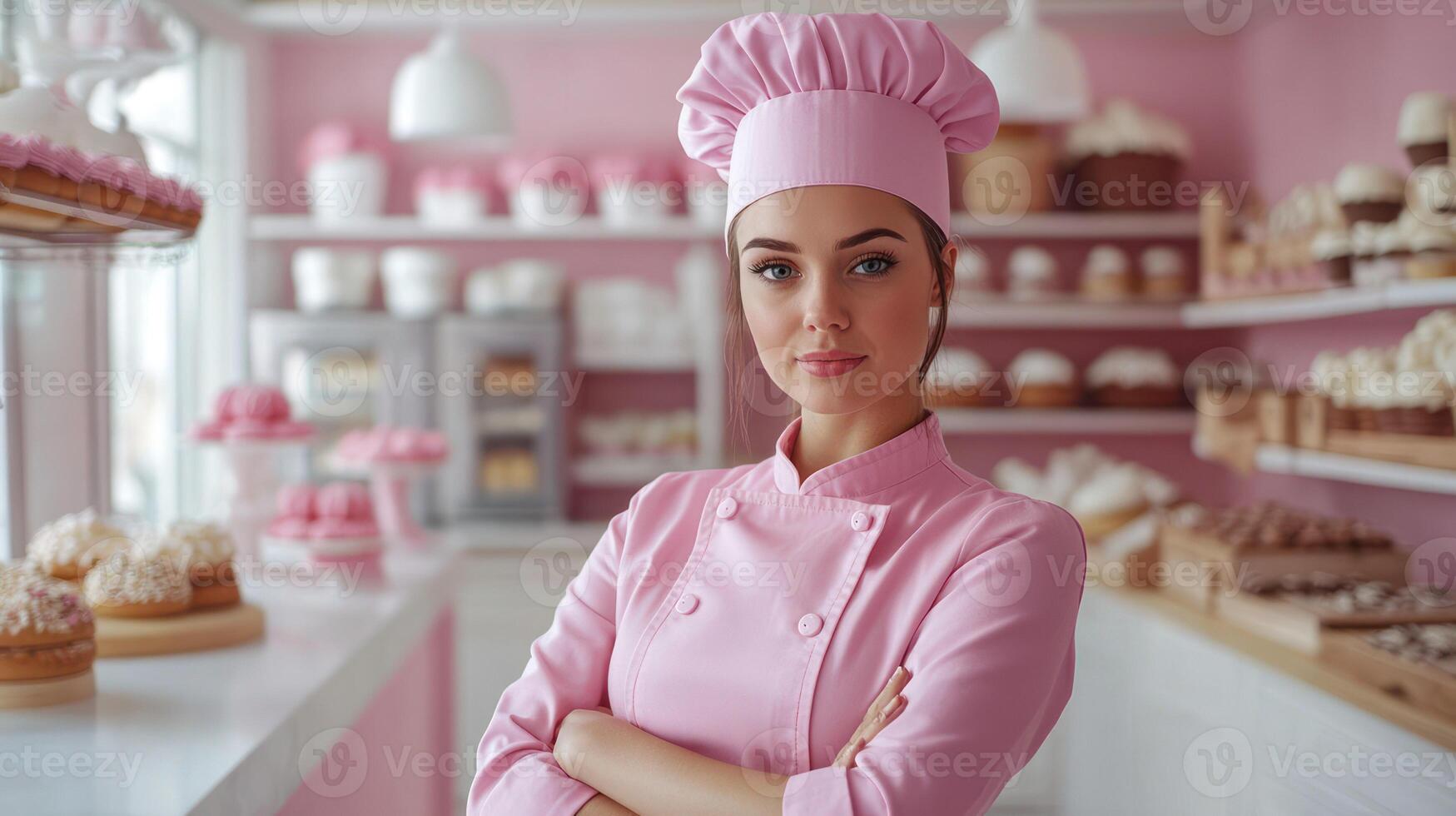 A confident pastry chef in a pink bakery, surrounded by delightful sweets. photo
