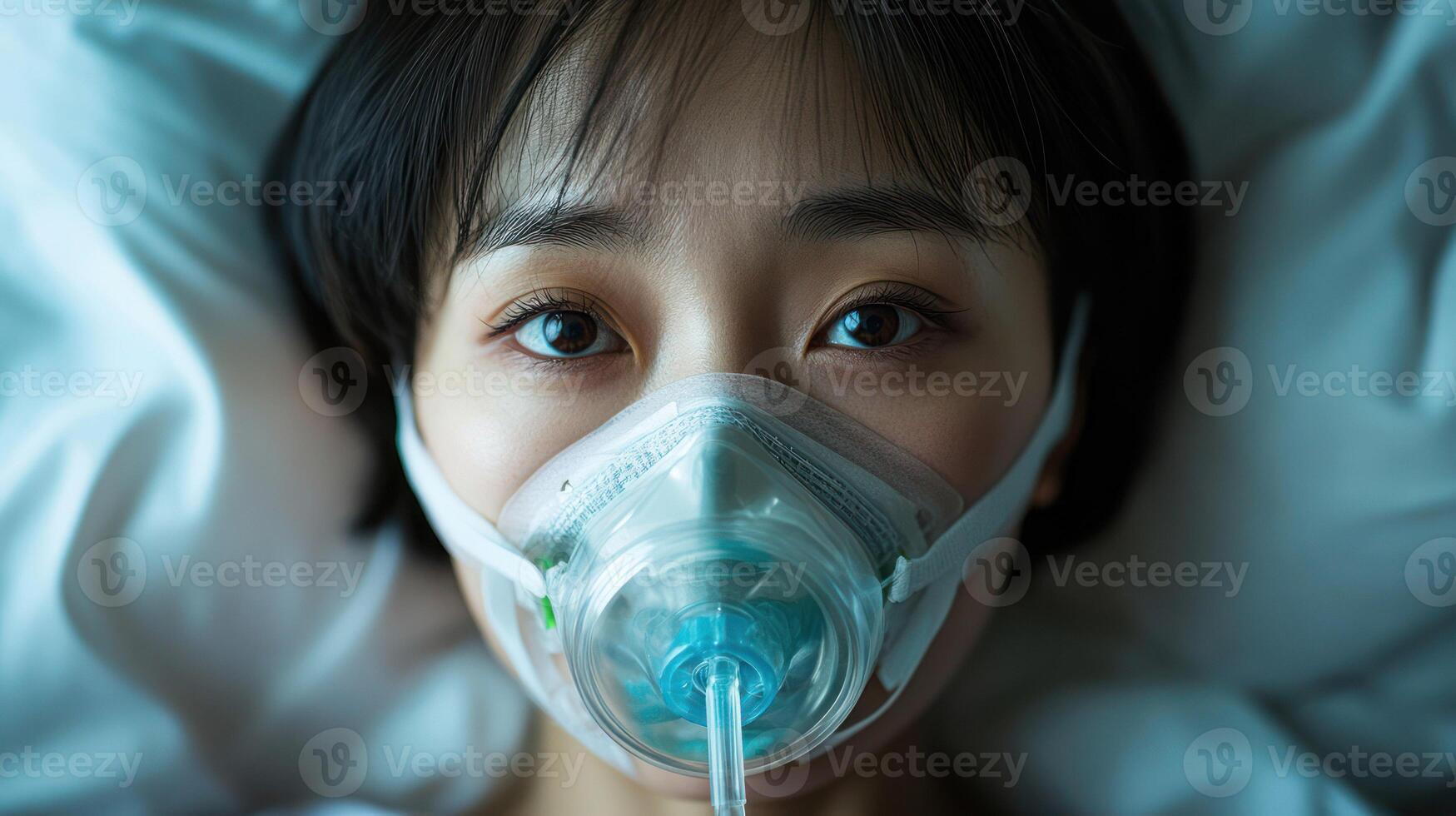 Close-up of a patient with an oxygen mask in a hospital setting. photo