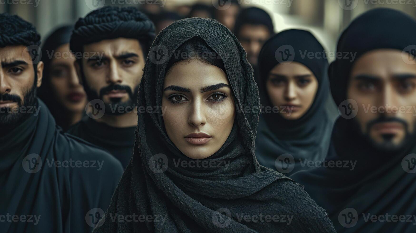 A serious gathering of individuals in black attire expressing unity. photo