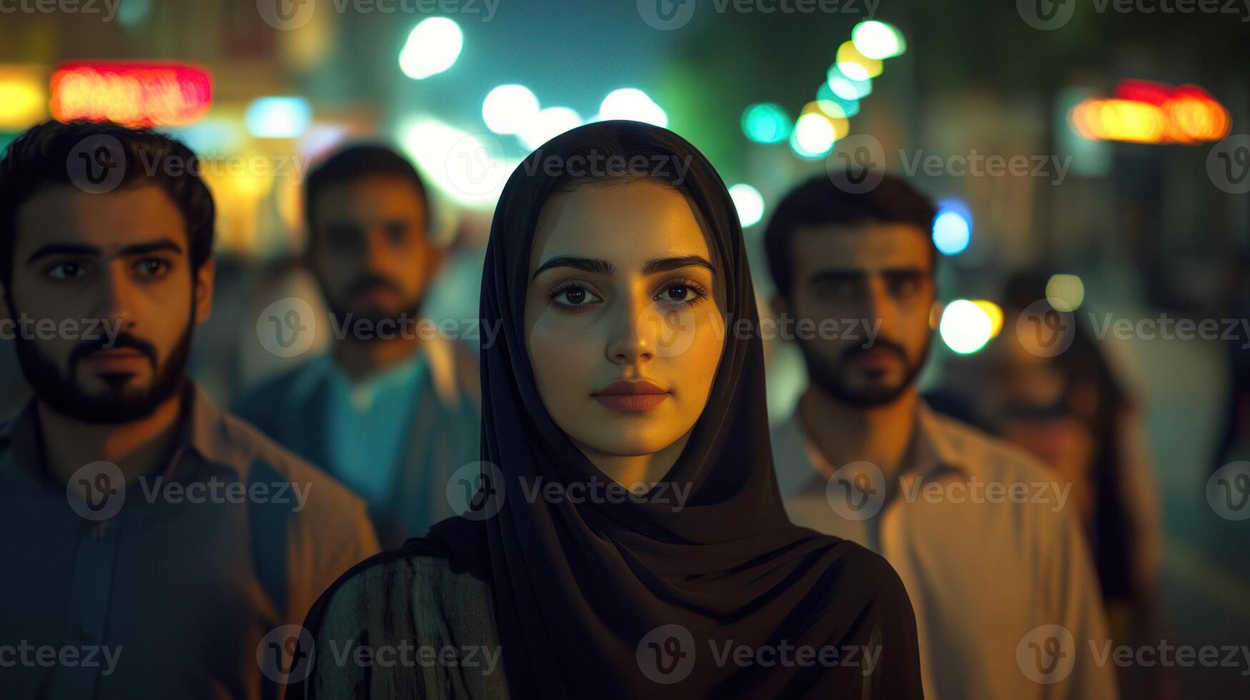 A woman in a hijab stands confidently among a night city crowd. photo