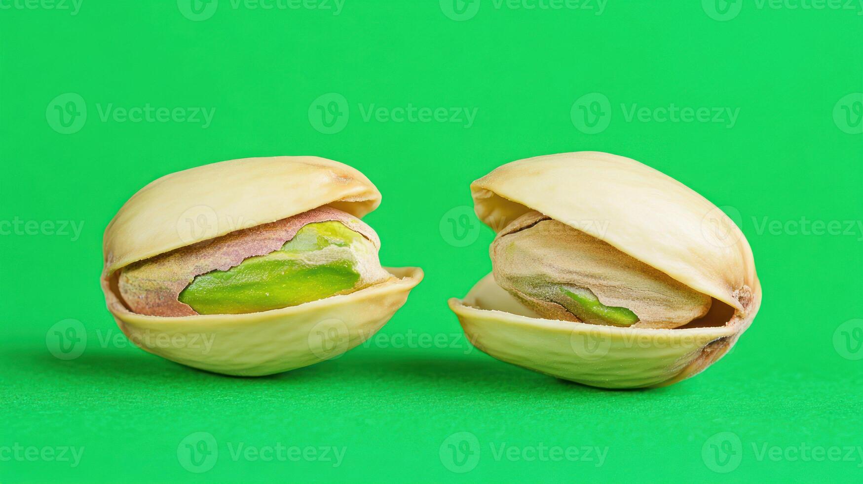Close-up of pistachio nuts on a vibrant green background. photo