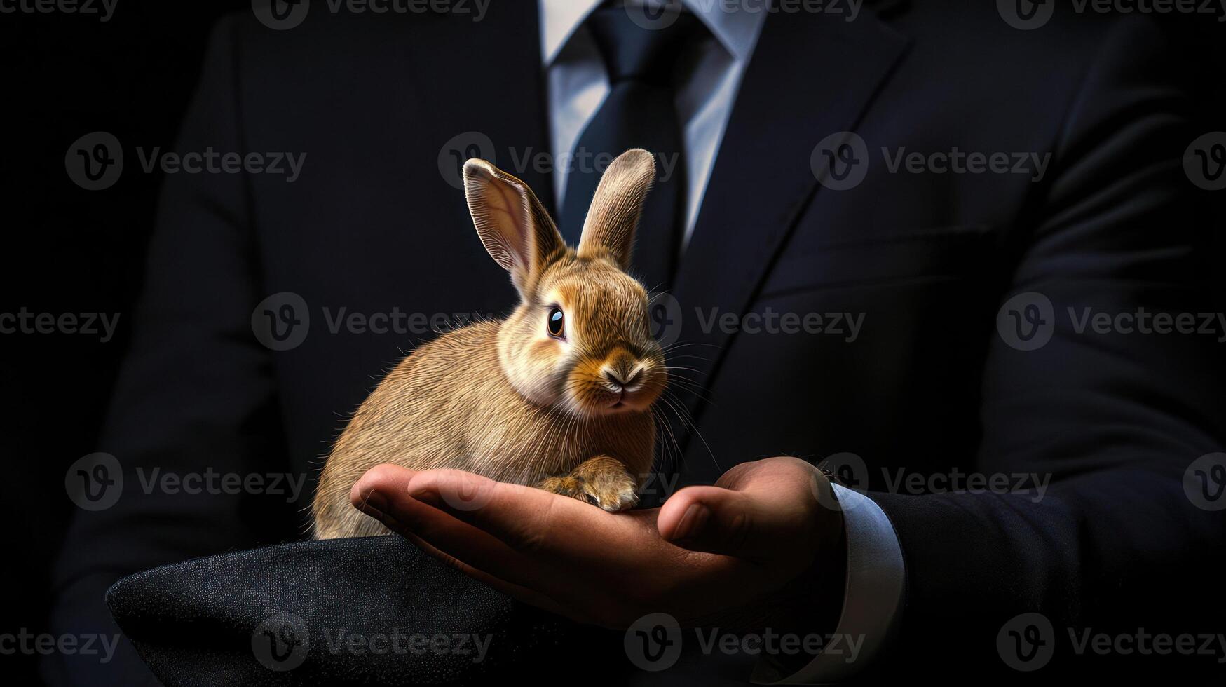 A rabbit resting in a man's hand, highlighting elegance and softness. photo