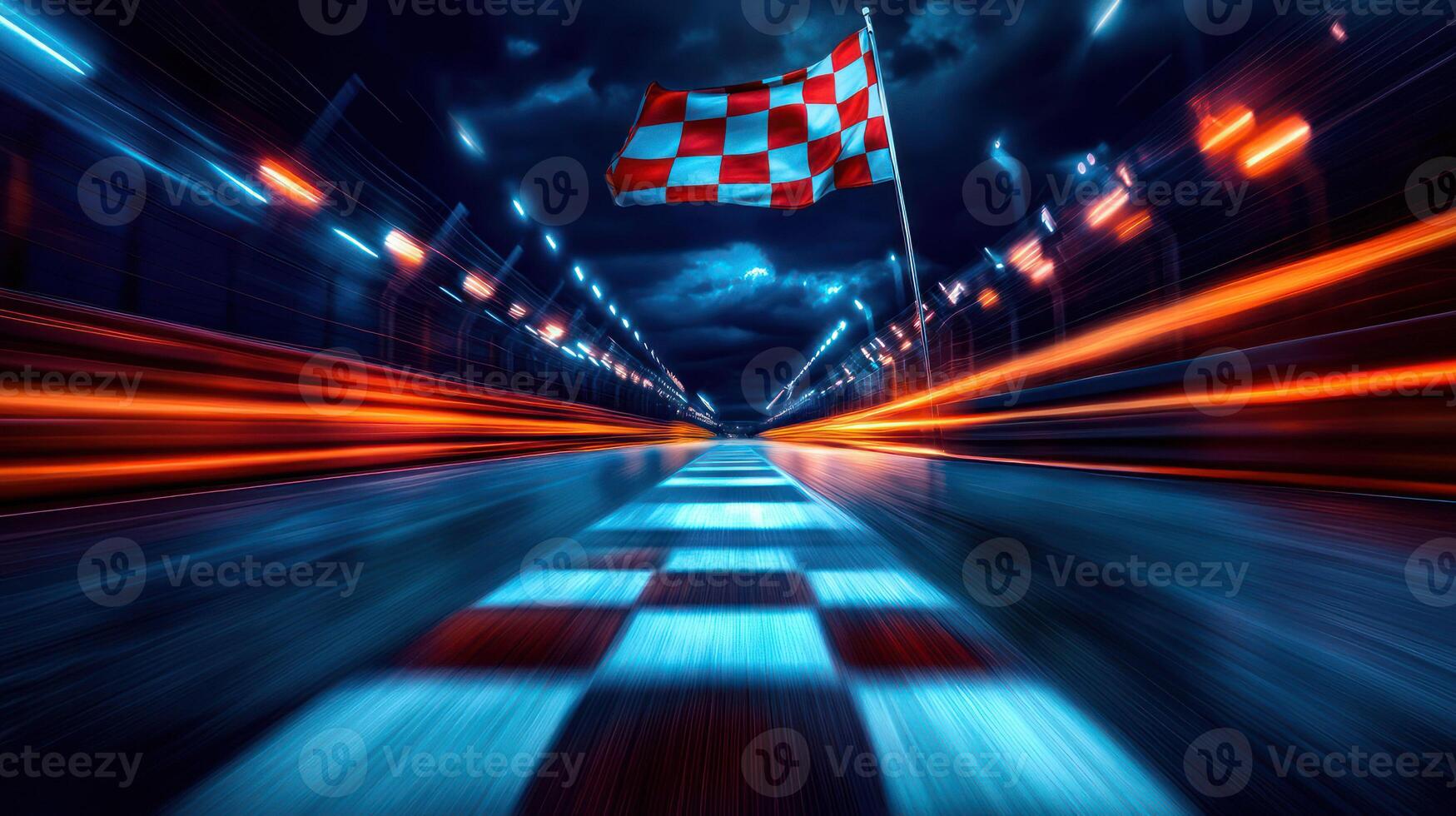 A vibrant night scene capturing speed at a racing finish line. photo