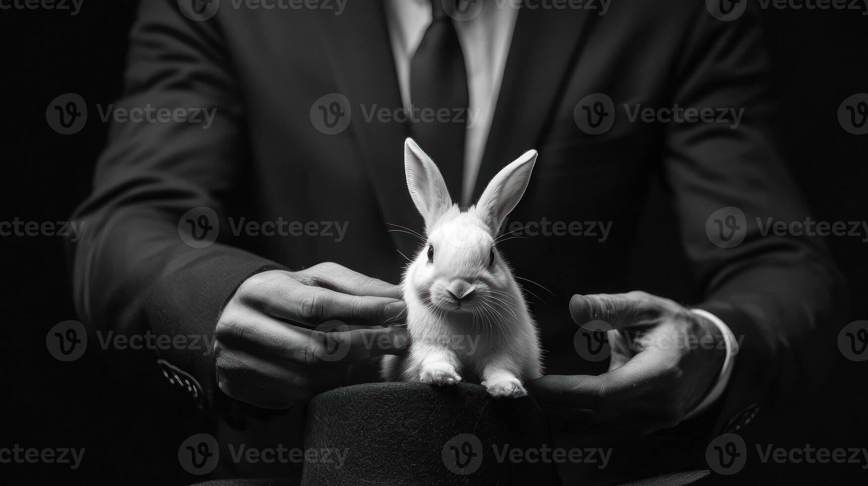 A stylish magician in a suit showcases a rabbit atop a hat. photo
