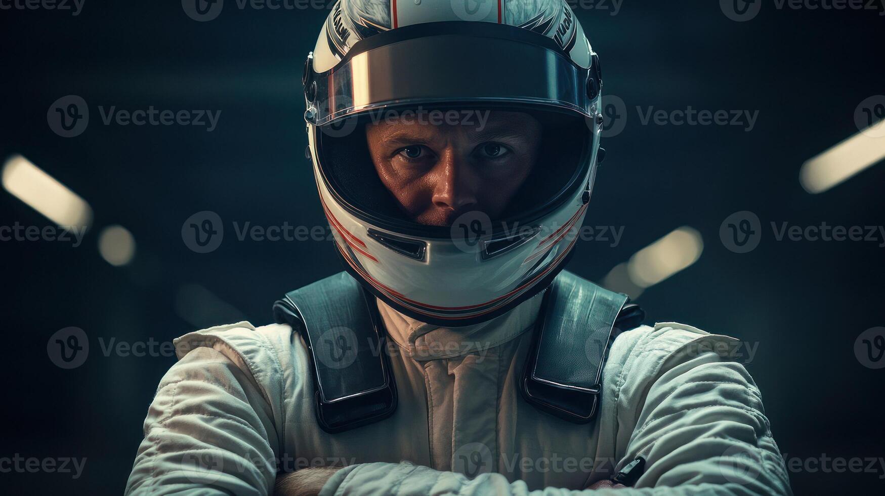 A focused race car driver in a helmet, showcasing determination and intensity. photo