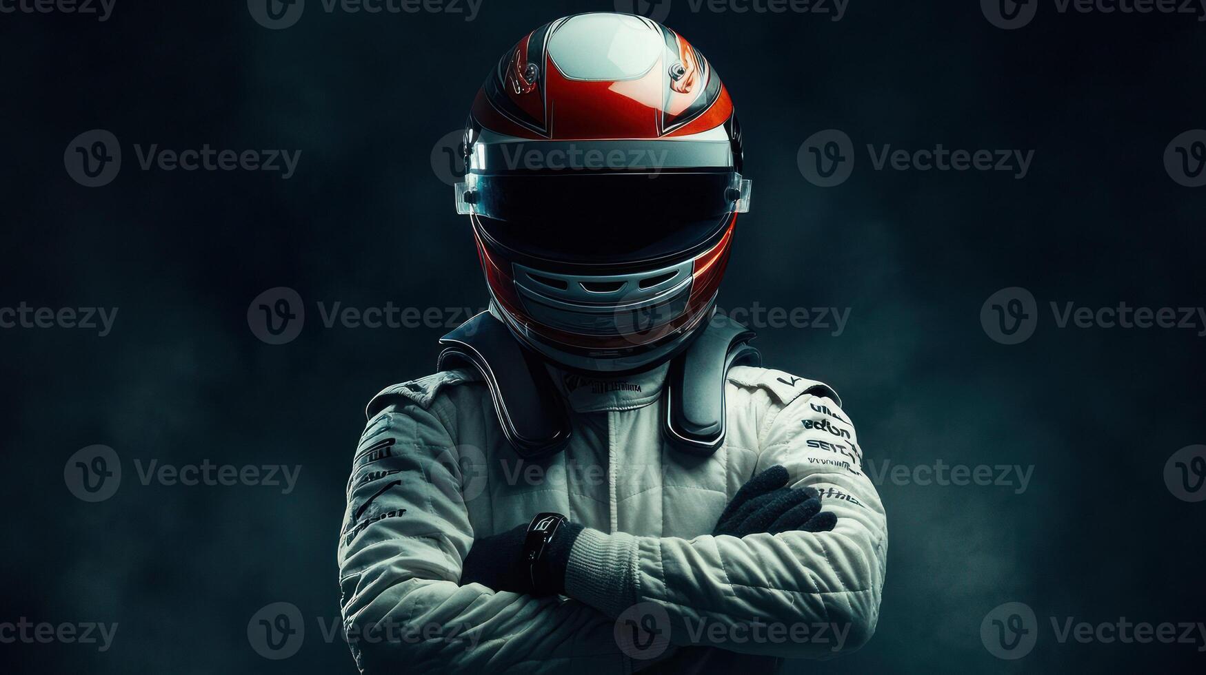 A confident race car driver in a helmet, poised for action. photo