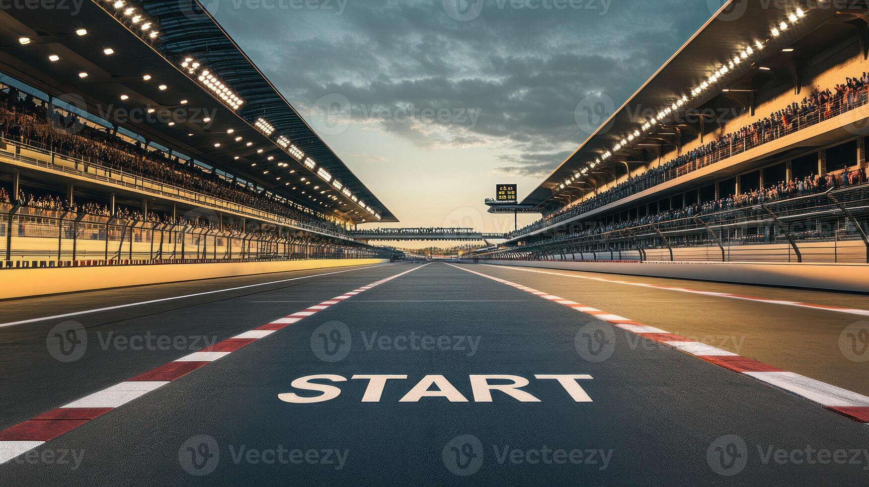 A racing track with a clear start line, set in an empty grandstand. photo