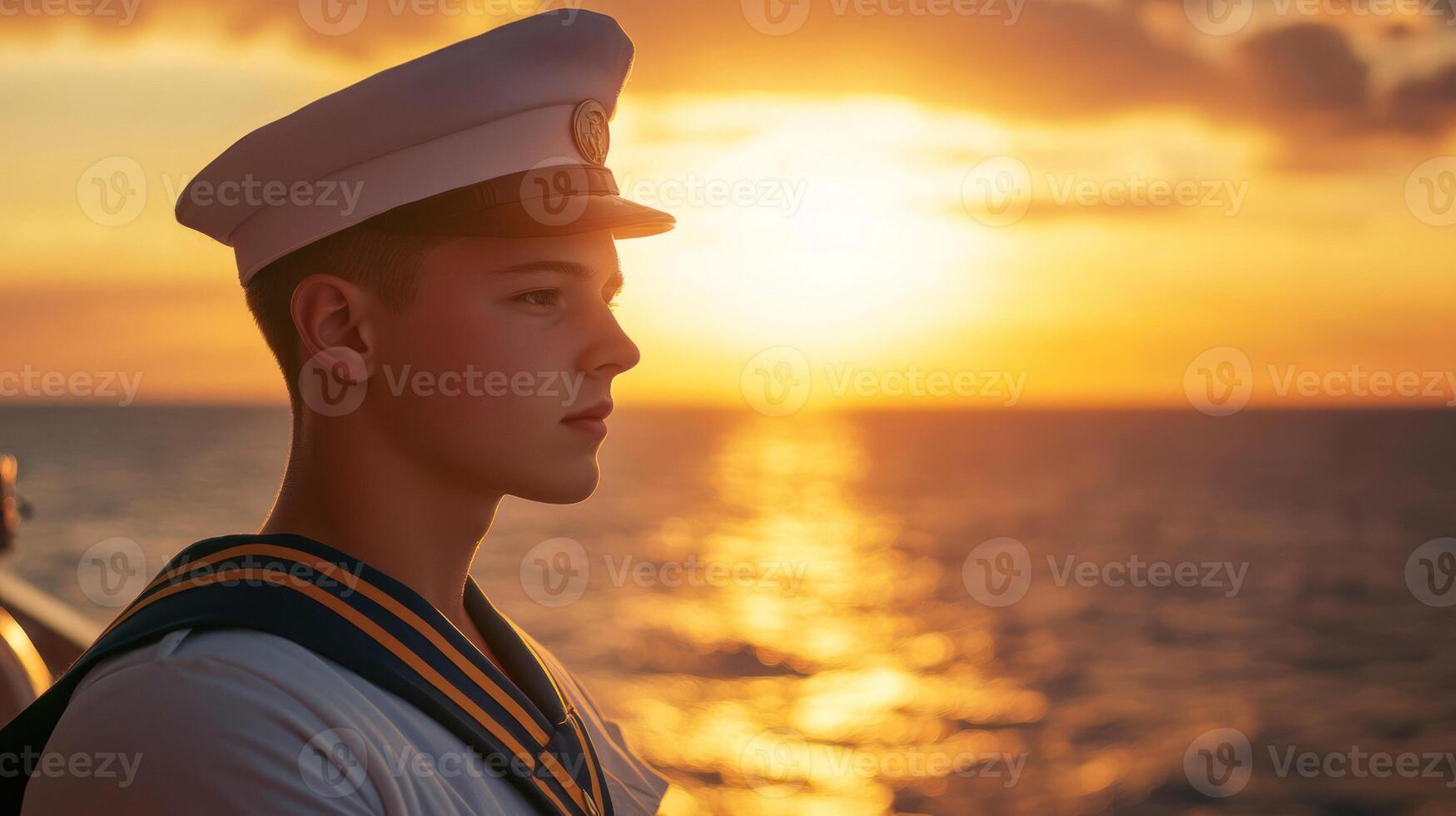 A sailor gazes at a vibrant sunset over the tranquil sea. photo