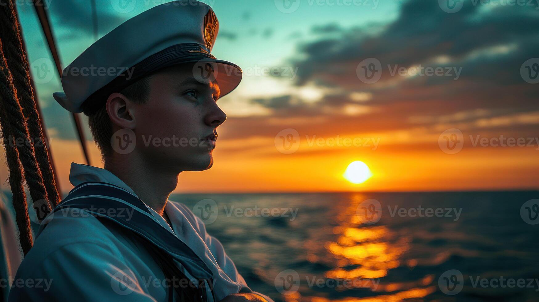 A sailor gazes thoughtfully at a vibrant sunset over the ocean. photo