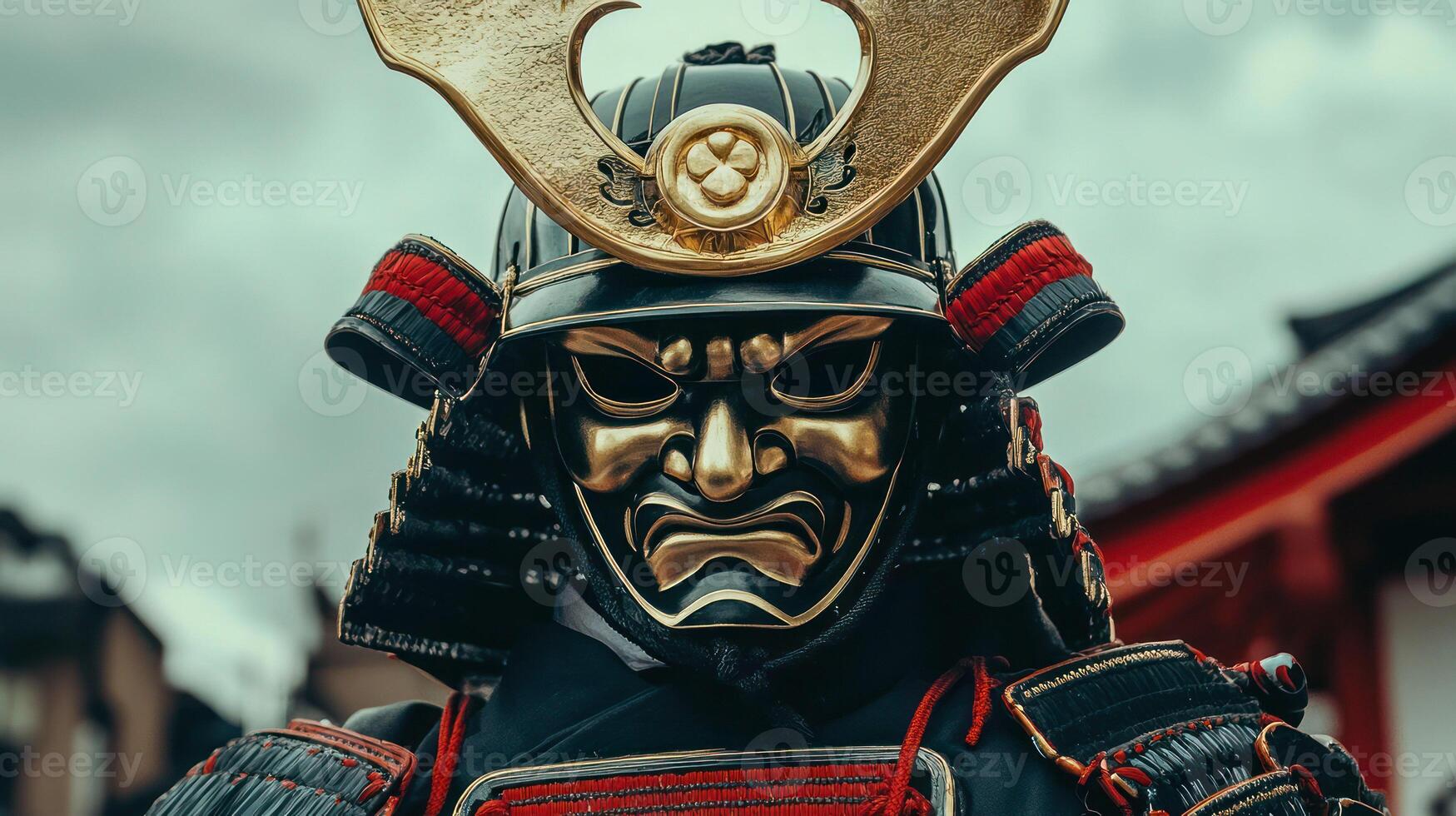 A fierce samurai in intricate armor and mask, embodying strength and honor. photo