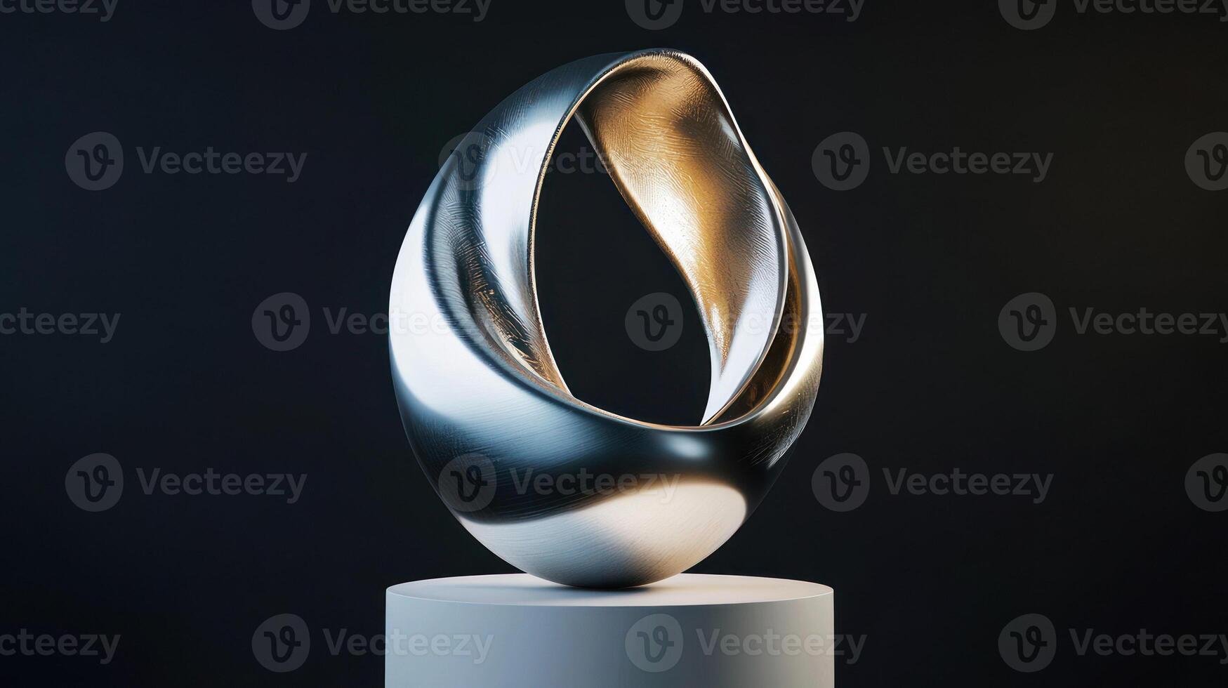 Elegant abstract sculpture with smooth, shiny curves on a pedestal. photo