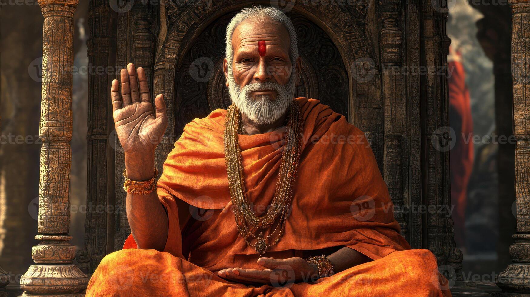 An elderly sage in orange robes, meditating in serene surroundings. photo