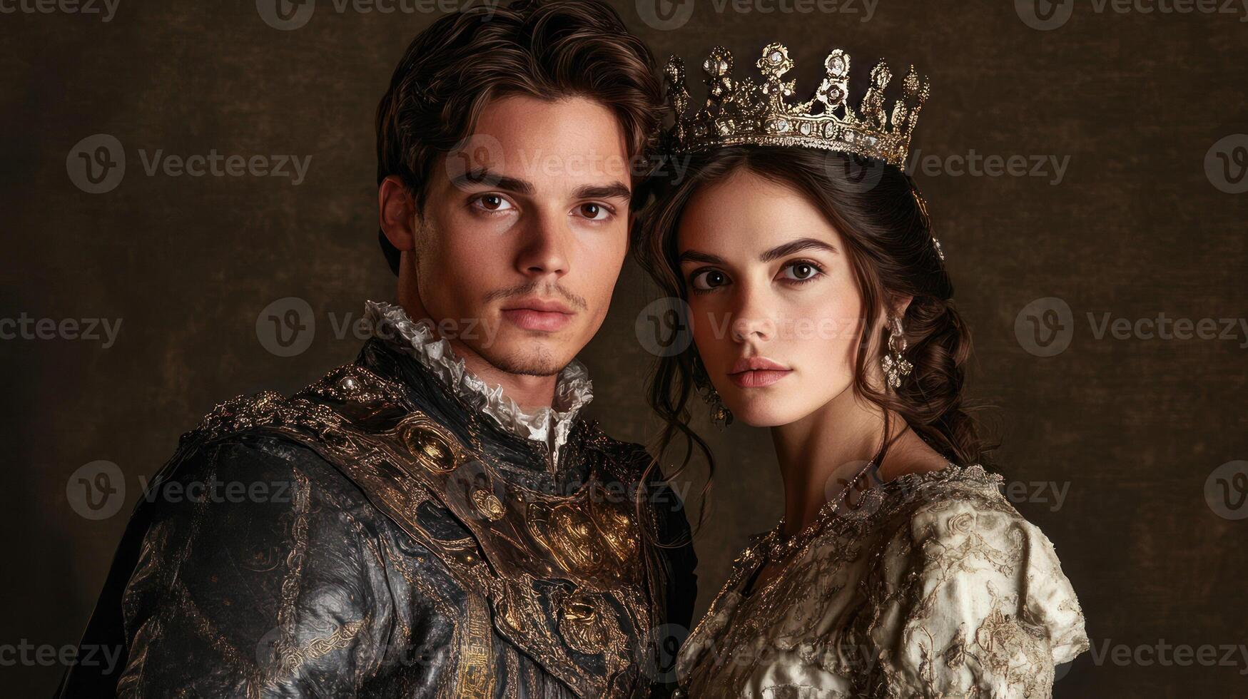 A regal couple in luxurious attire, exuding elegance and nobility. photo
