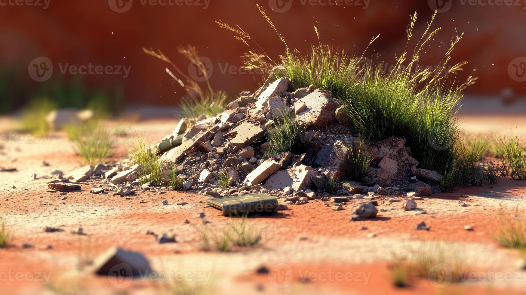 A natural landscape with a pile of rubble overgrown by grass. photo
