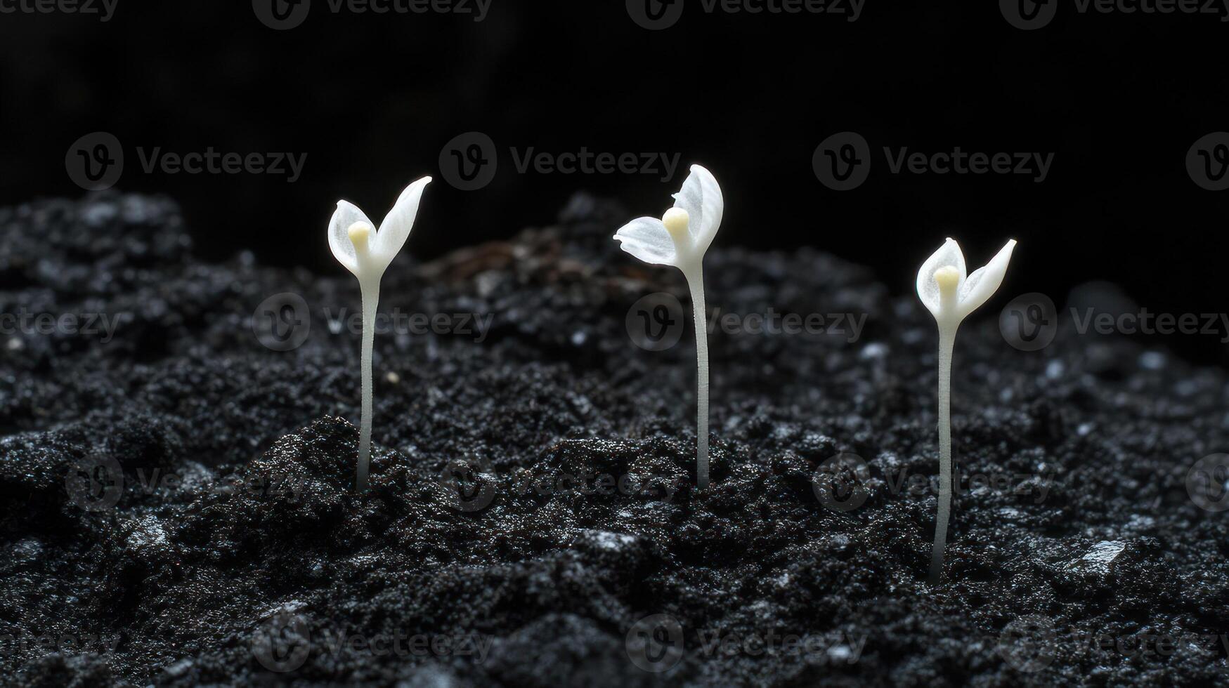 Three delicate seedlings sprouting from dark, rich soil. photo