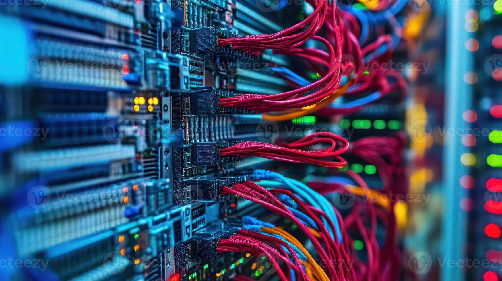 Close-up of colorful cables in a high-tech data center environment. photo