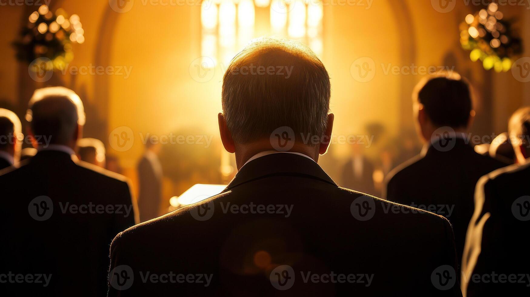 Silhouetted figures in formal attire bask in warm sunlight. photo