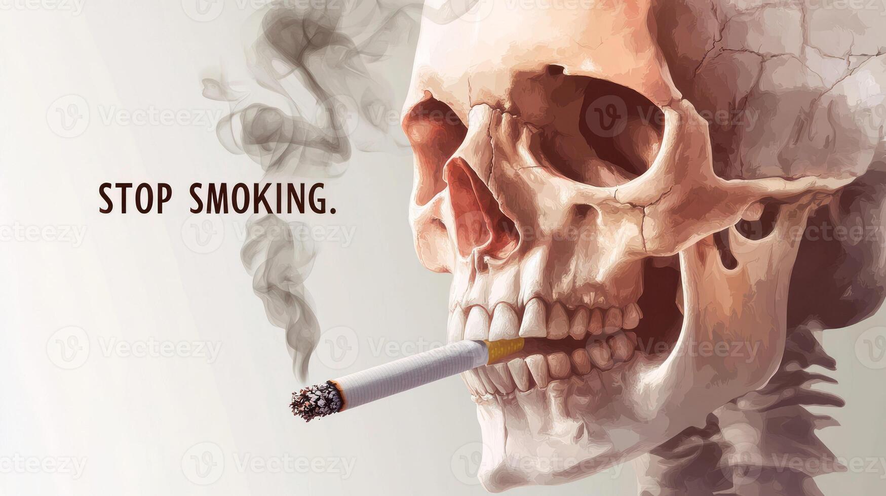 Illustration of a skull with a cigarette, promoting anti-smoking awareness. photo